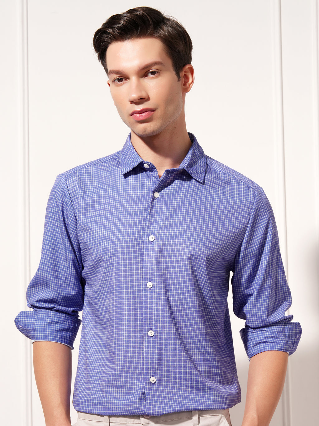 Highlander Men Blue Checked Slim Fit Casual Shirt - Blue - Image 1