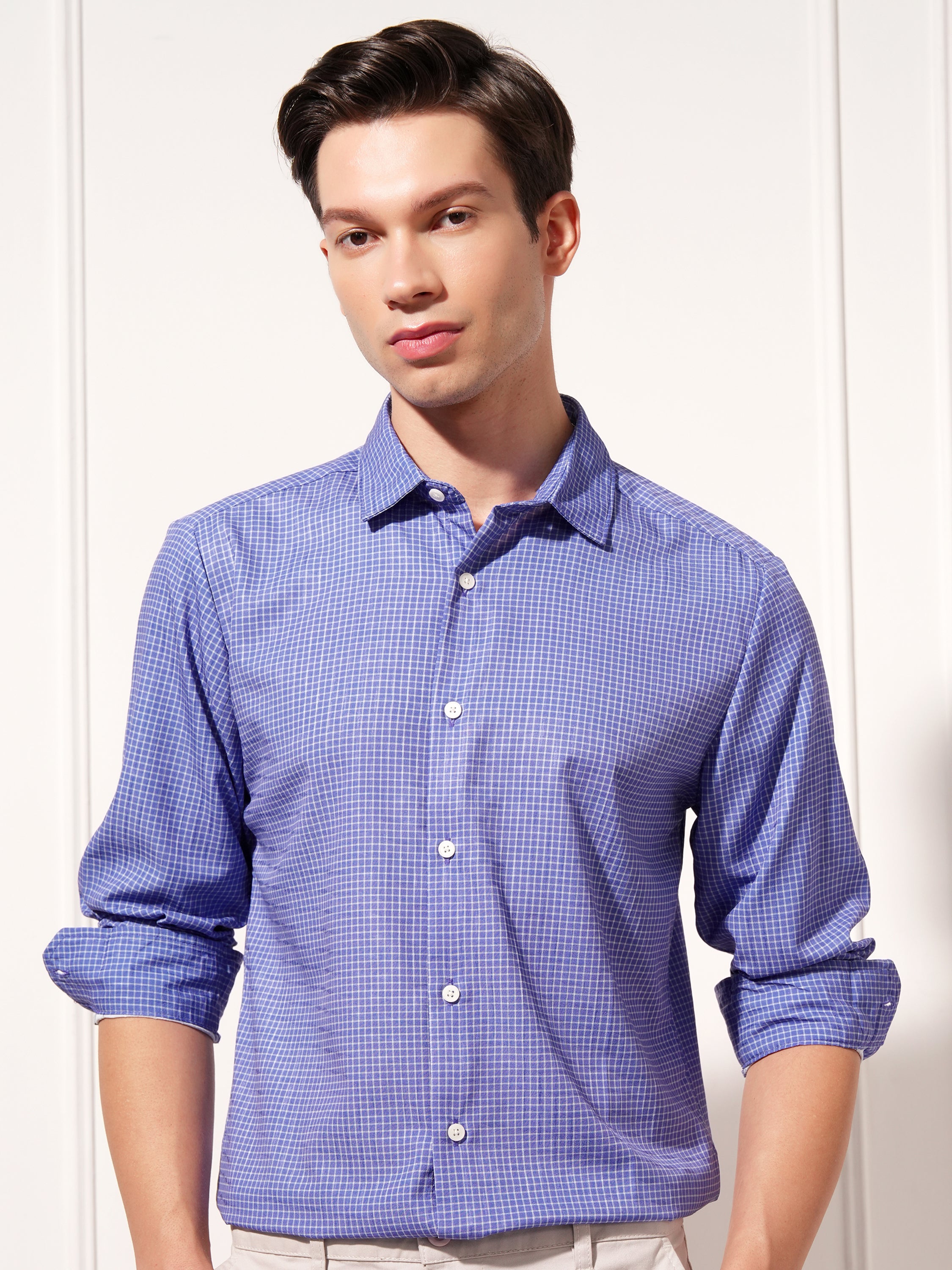 Highlander Men Blue Checked Slim Fit Casual Shirt - Blue - Image 1