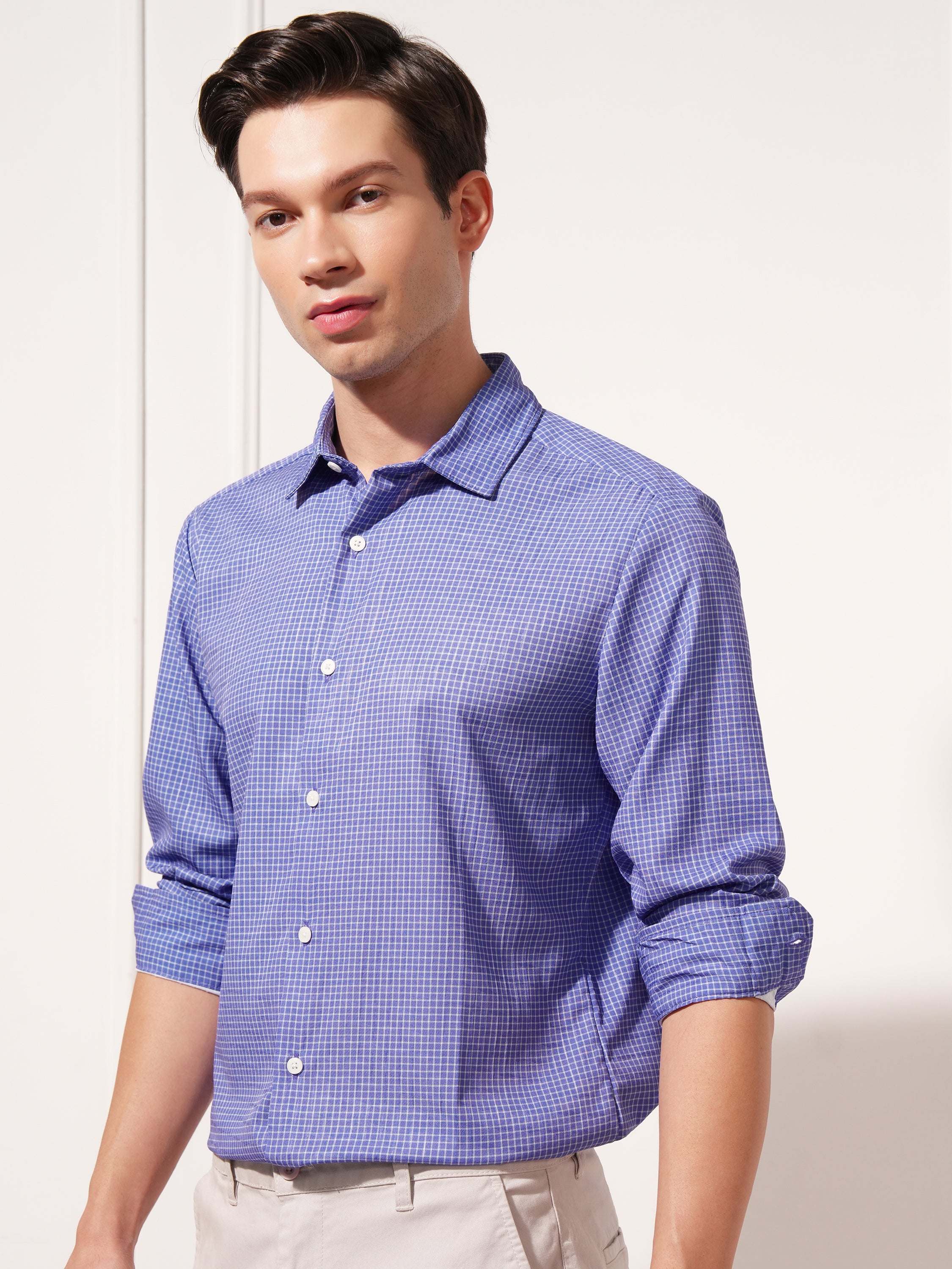 Highlander Men Blue Checked Slim Fit Casual Shirt - Blue - Image 4