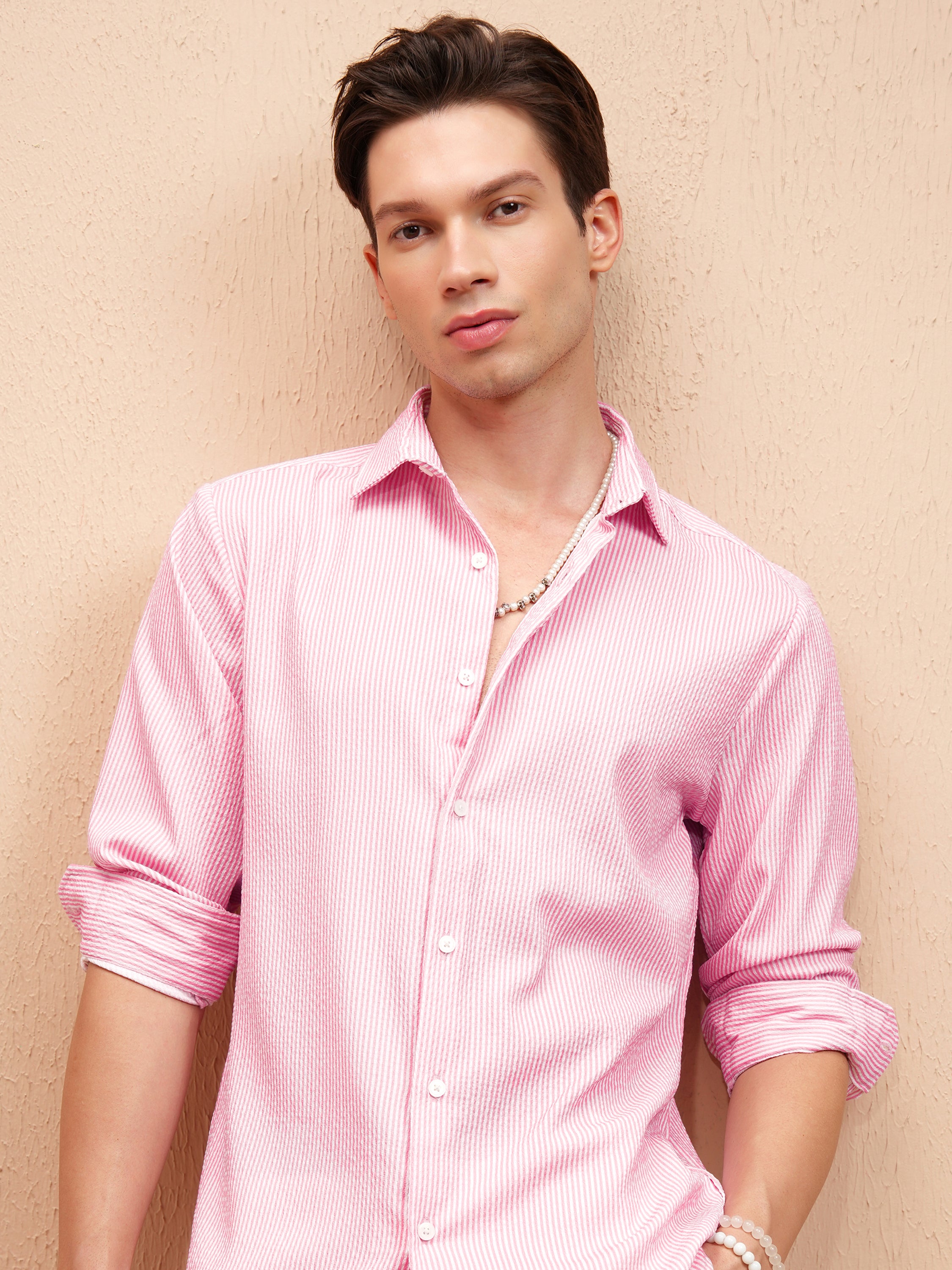 Highlander Men Pink Striped Slim Fit Casual Shirt - Pink - Image 1