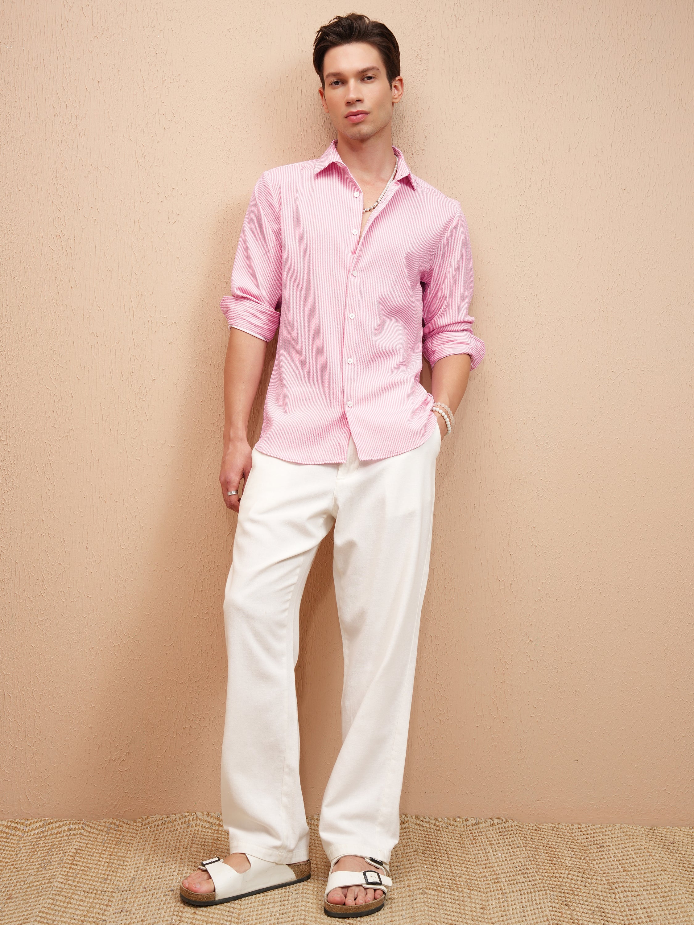 Highlander Men Pink Striped Slim Fit Casual Shirt - Pink - Image 2