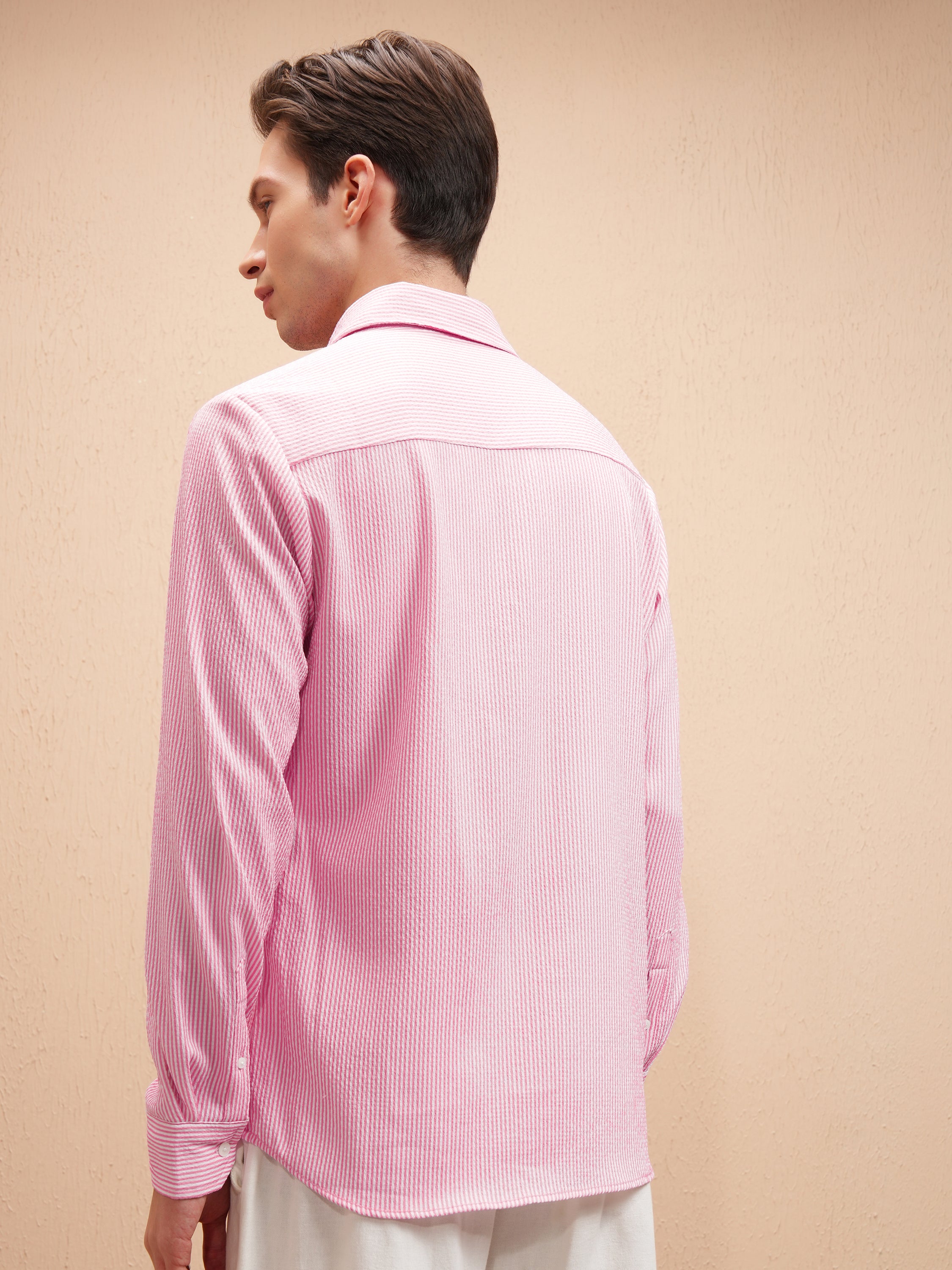 Highlander Men Pink Striped Slim Fit Casual Shirt - Pink - Image 3