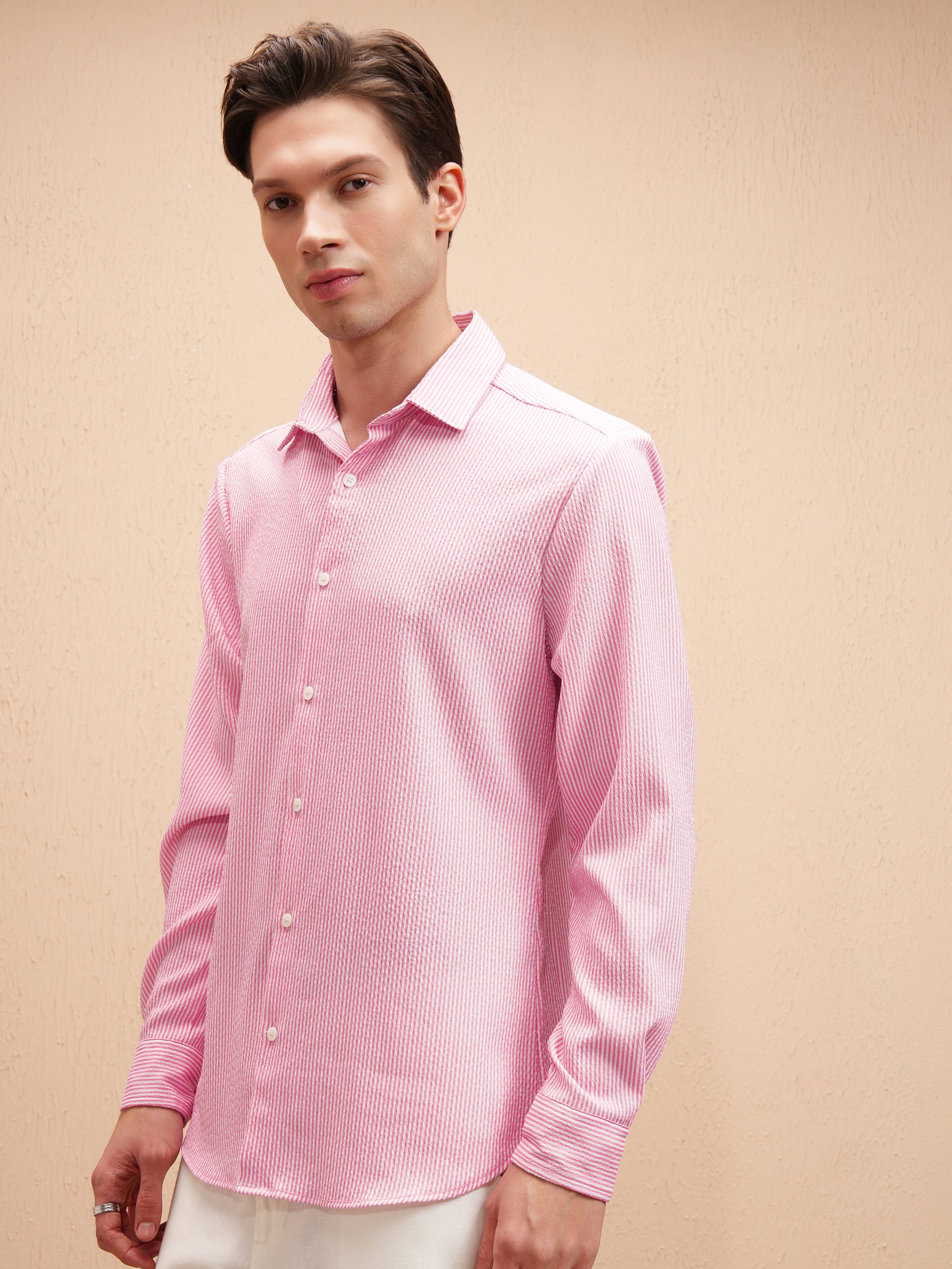 Highlander Men Pink Striped Slim Fit Casual Shirt - Pink - Image 4