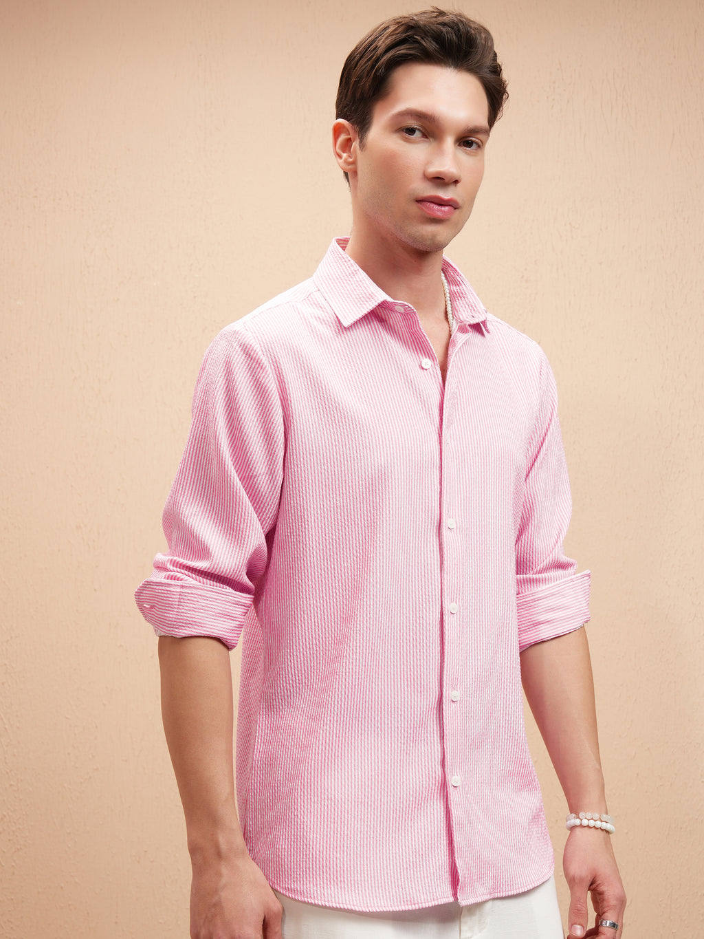 Highlander Men Pink Striped Slim Fit Casual Shirt - Pink - Image 6
