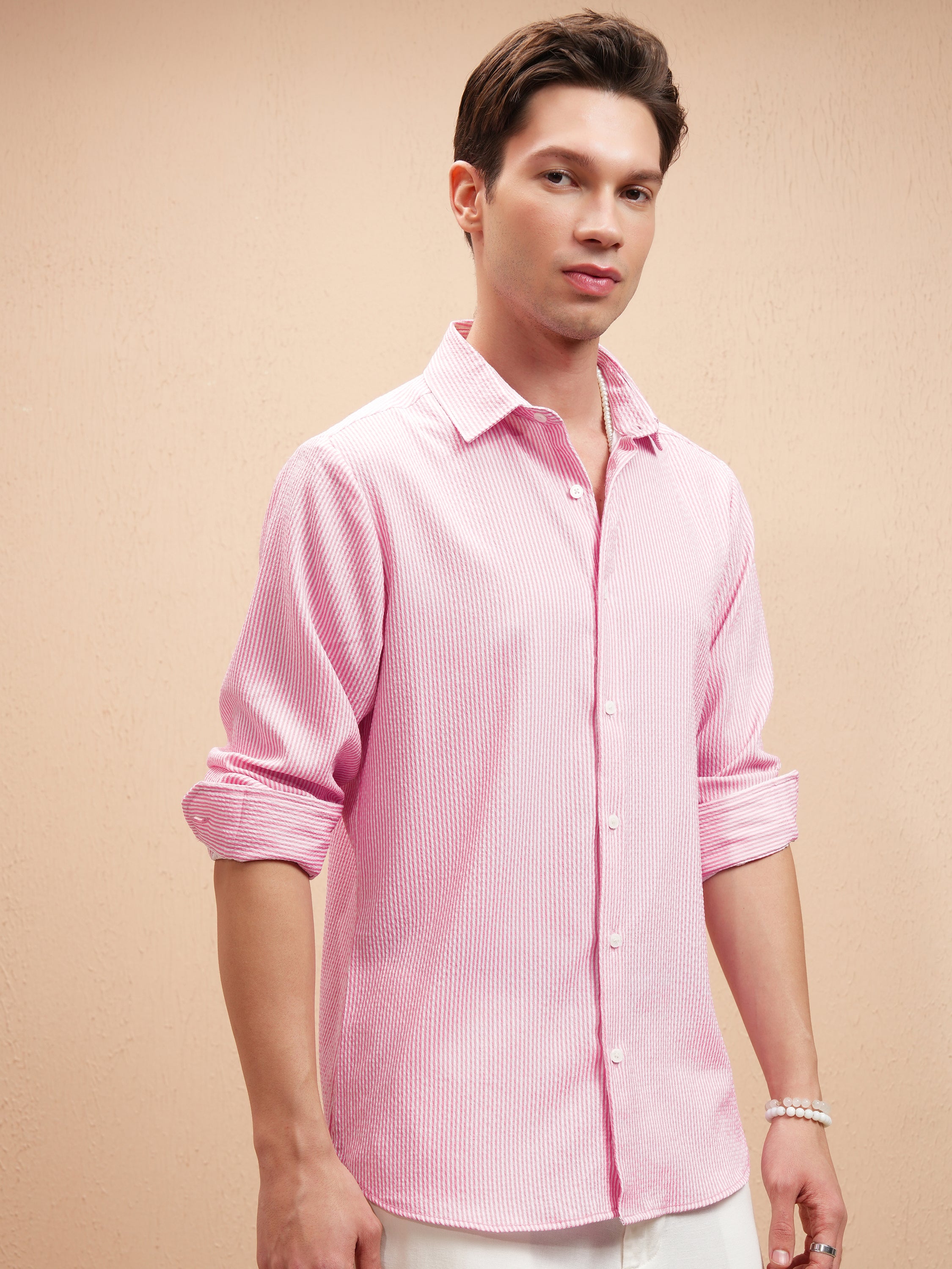 Highlander Men Pink Striped Slim Fit Casual Shirt - Pink - Image 6