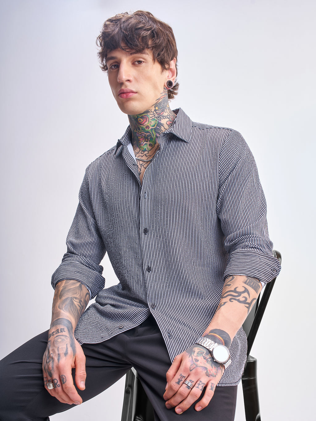 Highlander Men Black Striped Slim Fit Casual Shirt - Black - Image 1