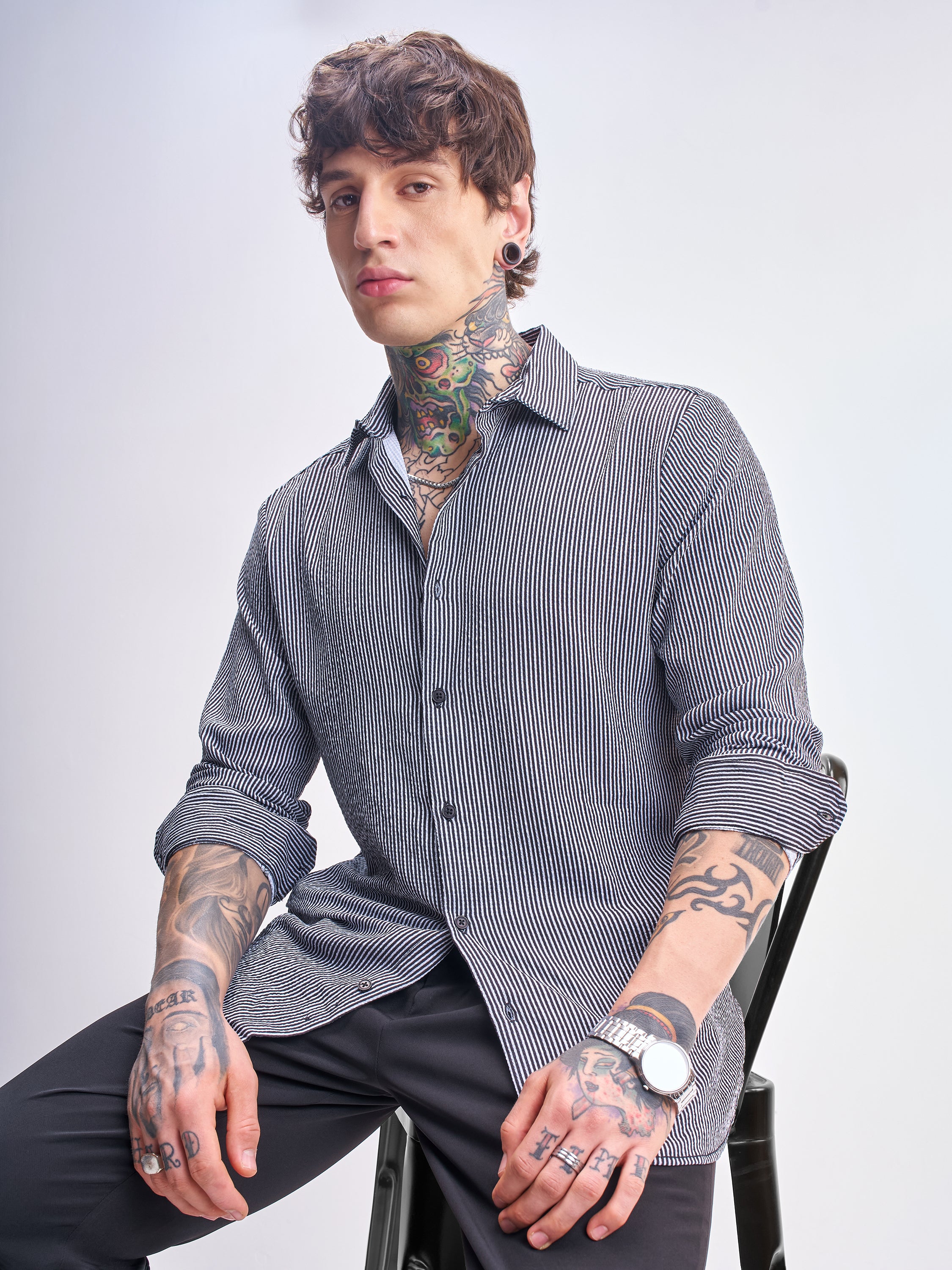 Highlander Men Black Striped Slim Fit Casual Shirt - Black - Image 1
