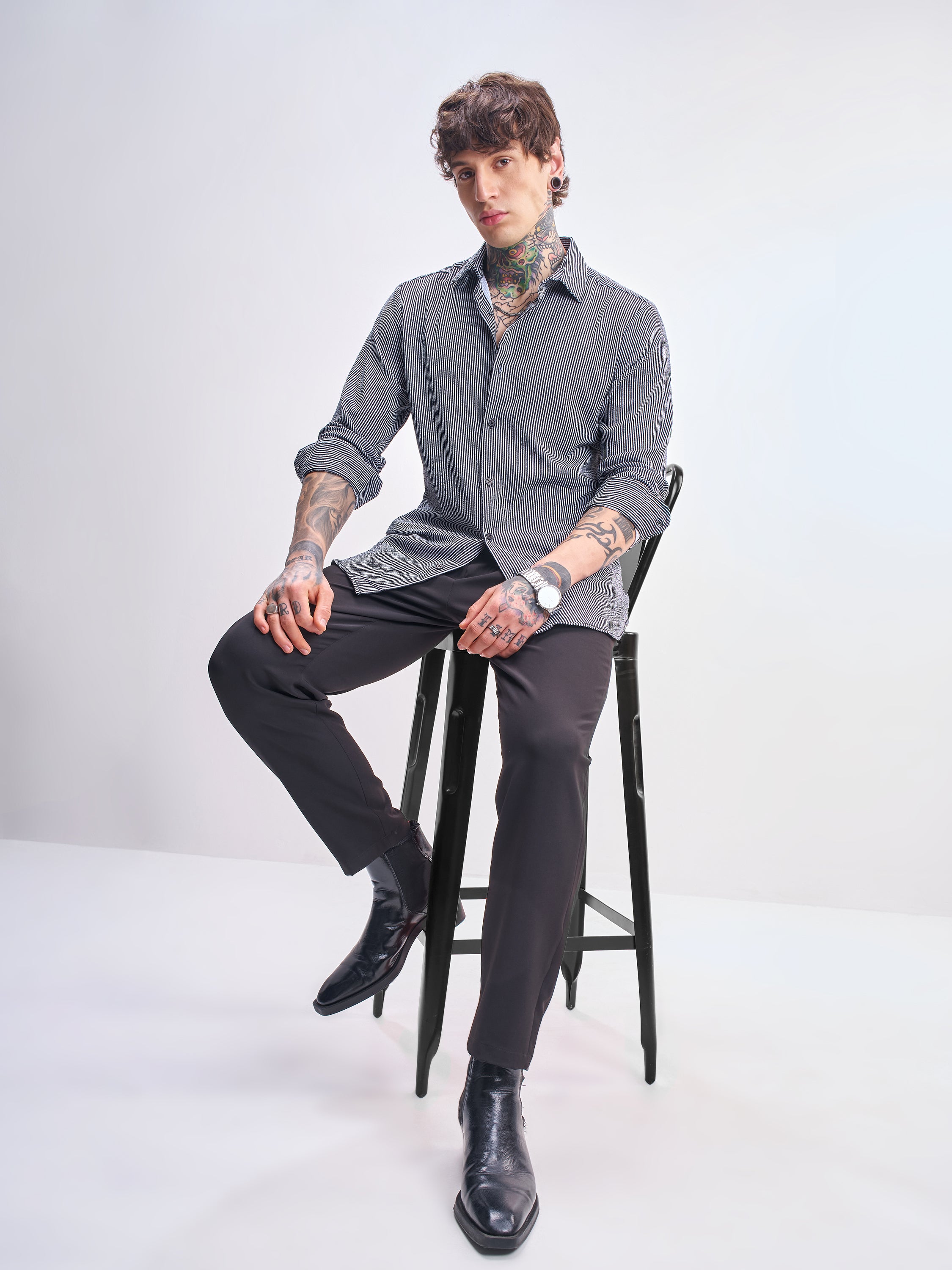Highlander Men Black Striped Slim Fit Casual Shirt - Black - Image 2