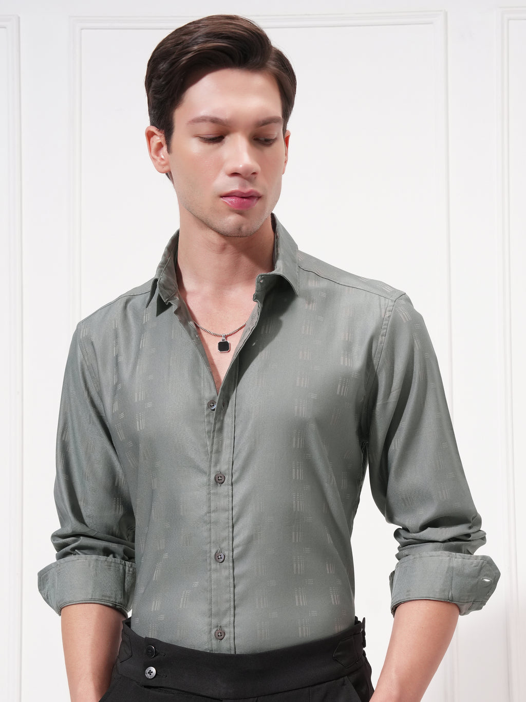 Highlander Men Grey Self Design Slim Fit Casual Shirt - Grey - Image 1