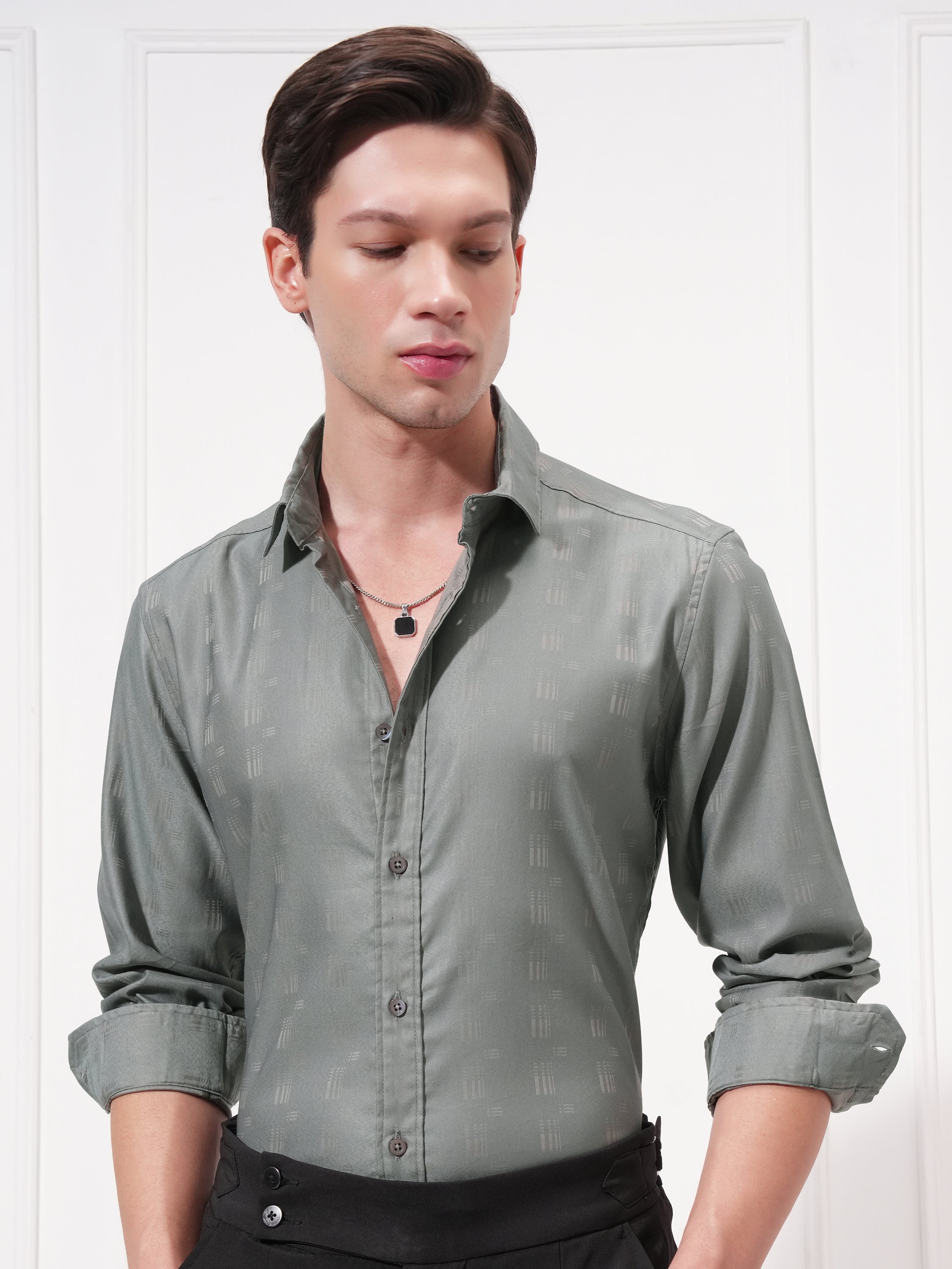 Highlander Men Grey Self Design Slim Fit Casual Shirt - Grey - Image 1