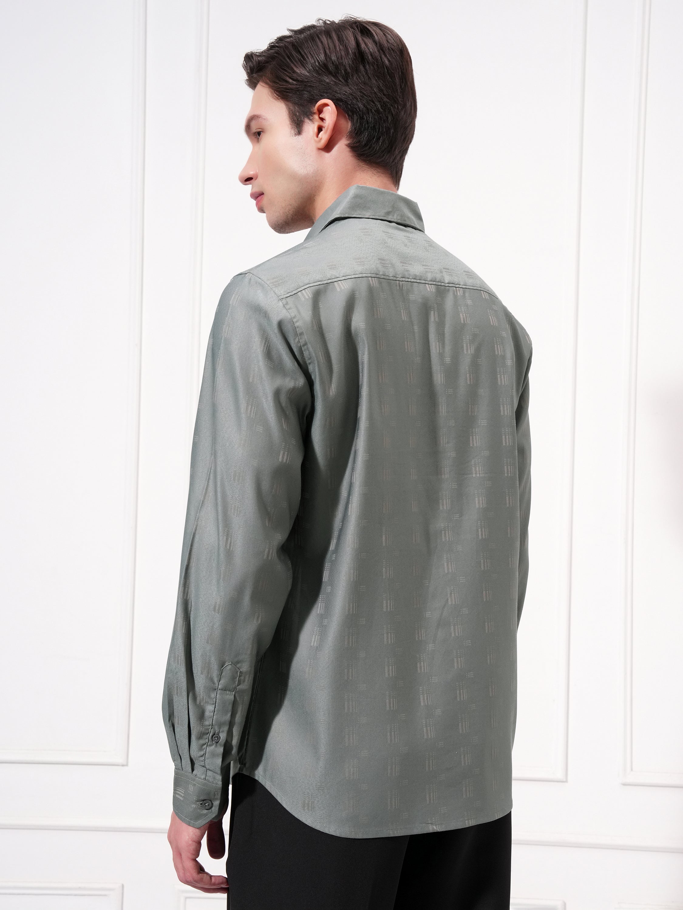 Highlander Men Grey Self Design Slim Fit Casual Shirt - Grey - Image 3