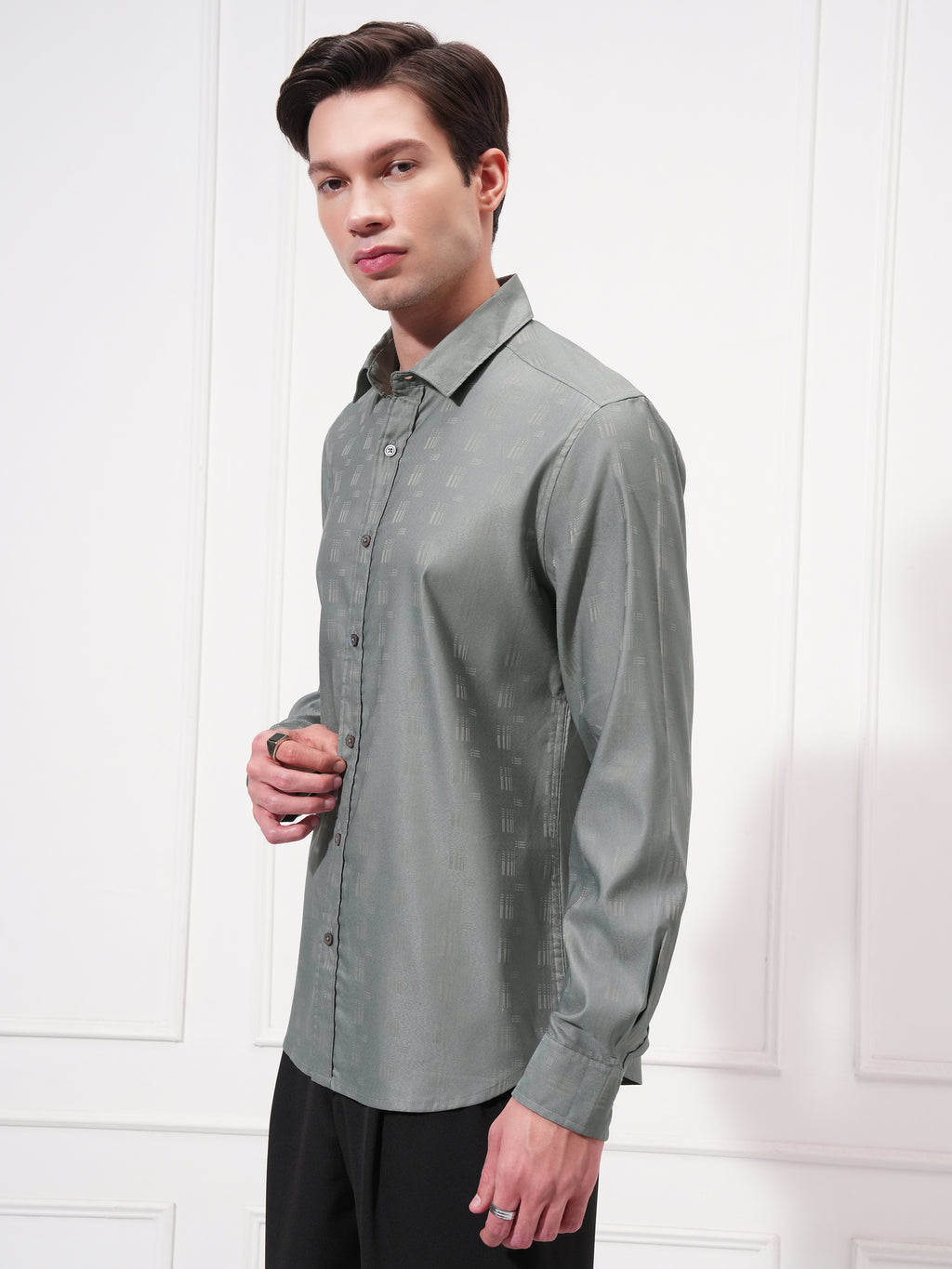 Highlander Men Grey Self Design Slim Fit Casual Shirt - Grey - Image 4