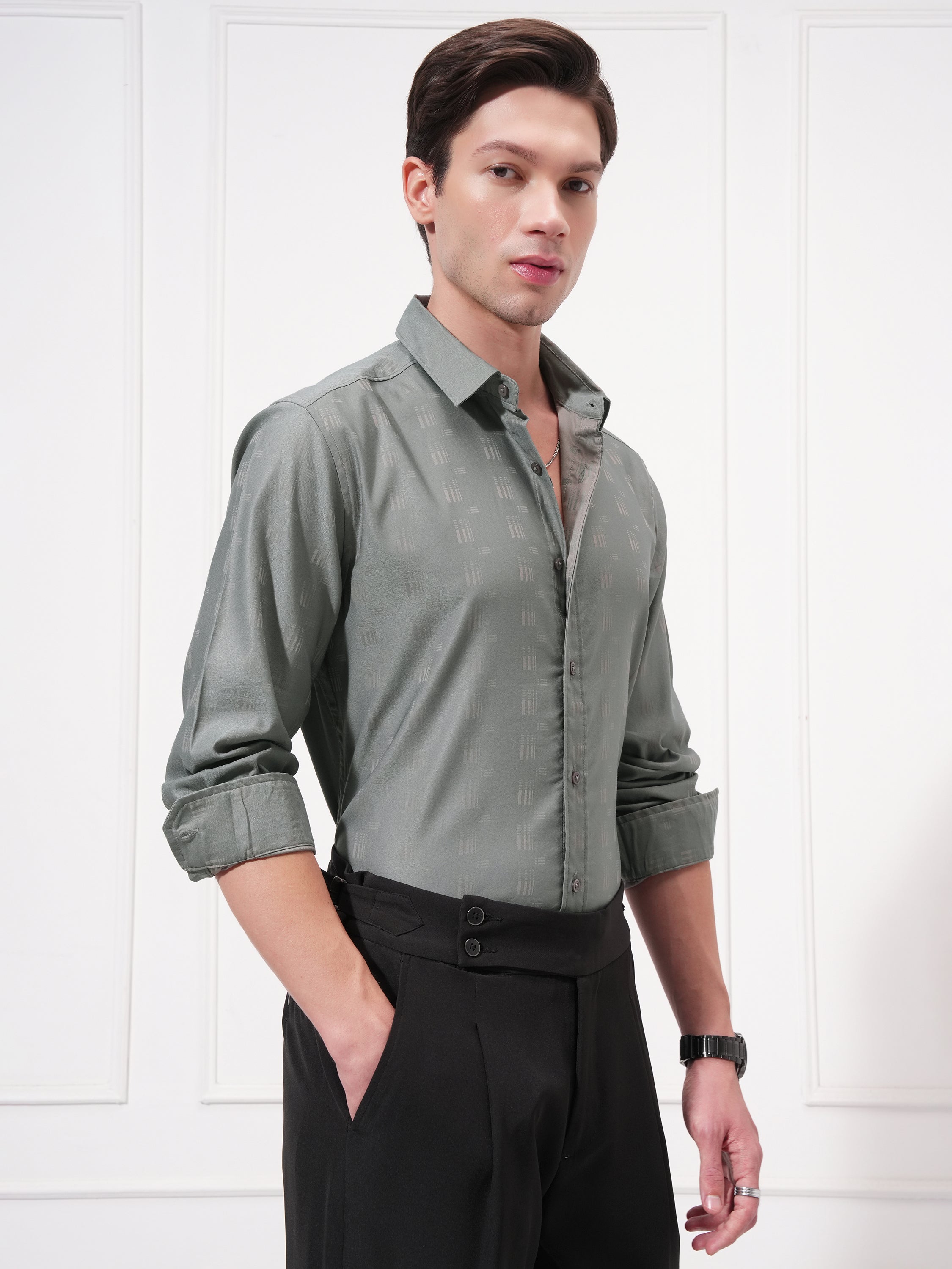 Highlander Men Grey Self Design Slim Fit Casual Shirt - Grey - Image 6