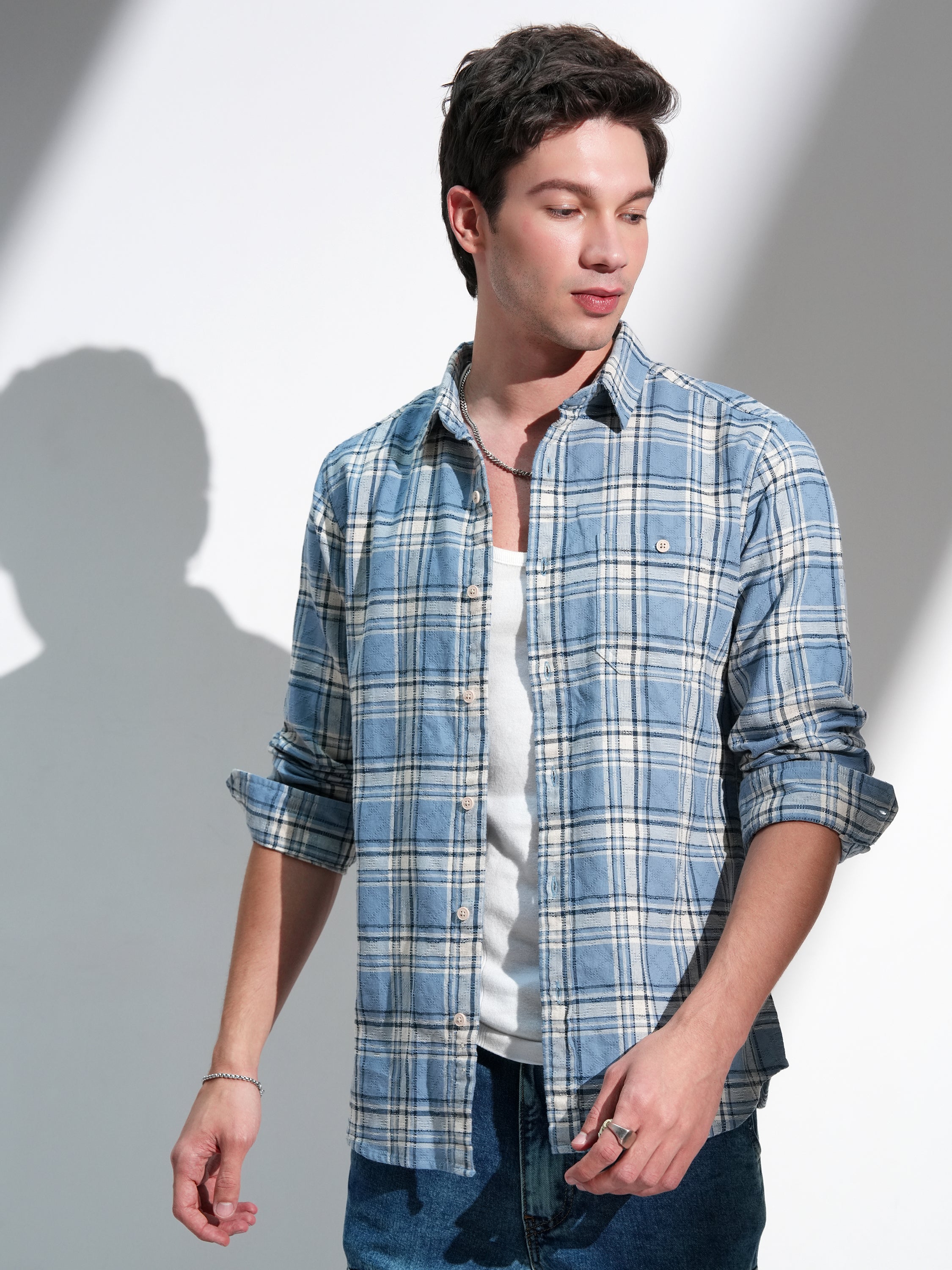 Highlander Men Blue Checked Slim Fit Casual Shirt - Blue - Image 1