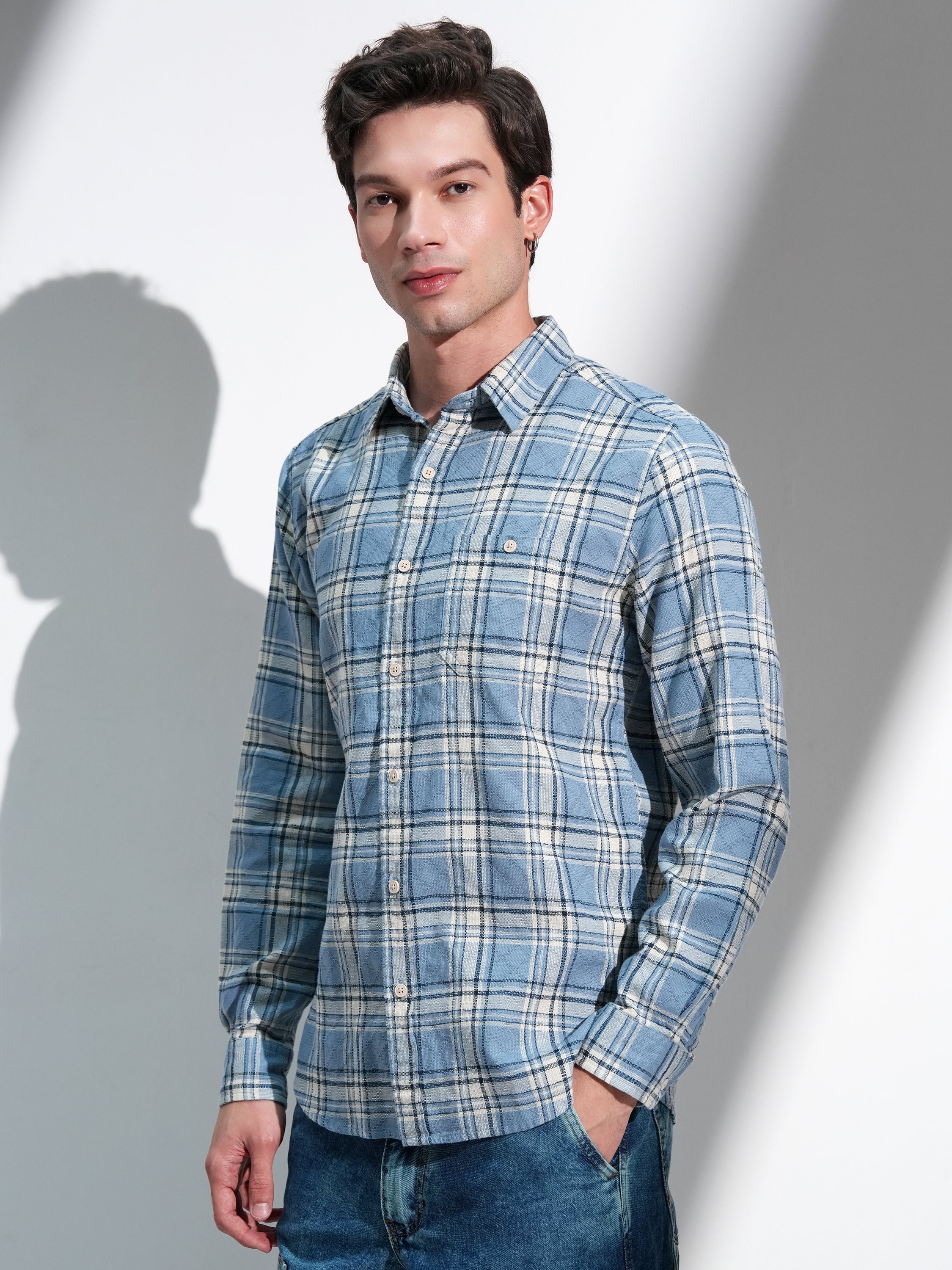 Highlander Men Blue Checked Slim Fit Casual Shirt - Blue - Image 4