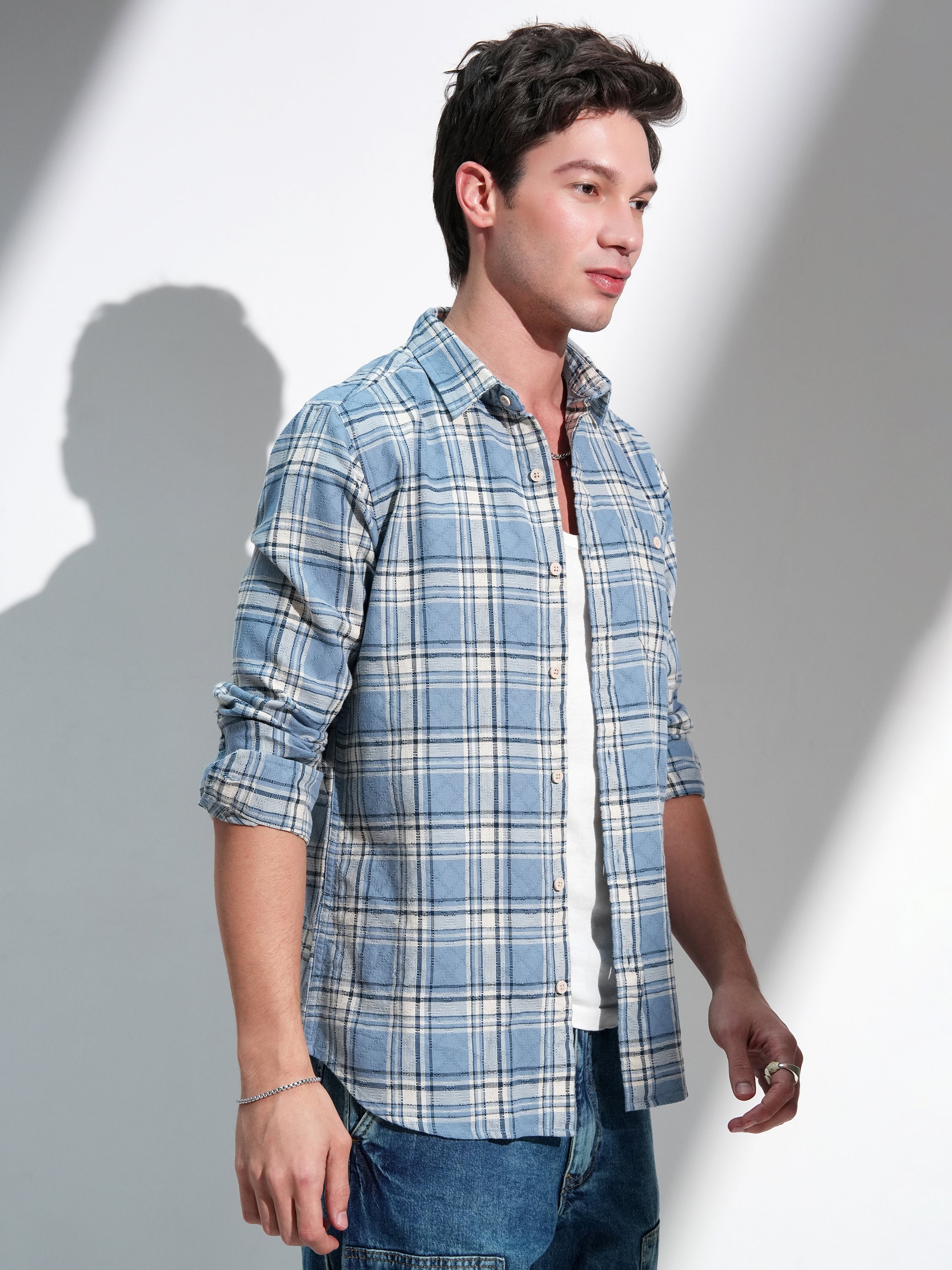 Highlander Men Blue Checked Slim Fit Casual Shirt - Blue - Image 6
