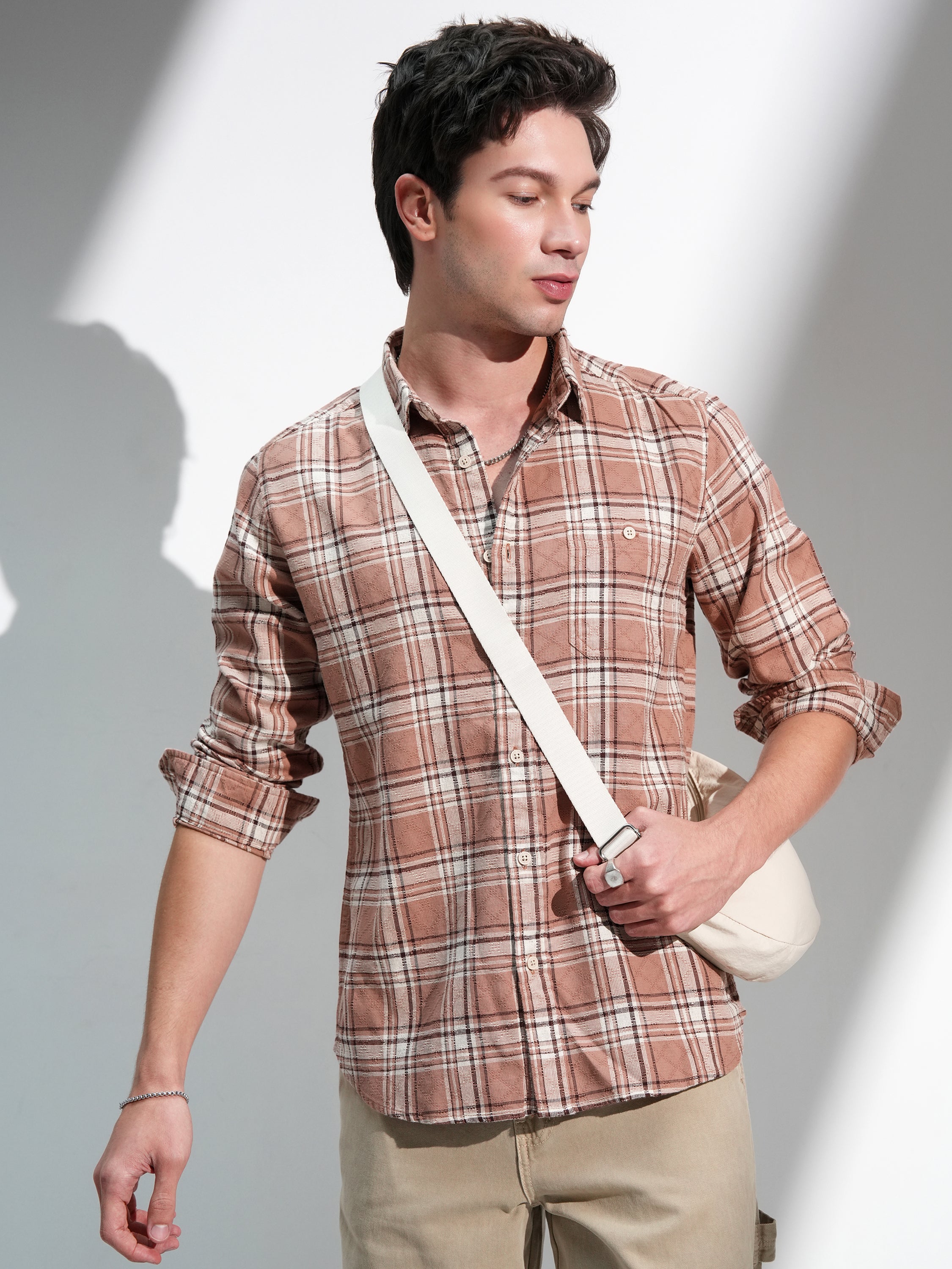 Highlander Men Beige Checked Slim Fit Casual Shirt - Beige - Image 1