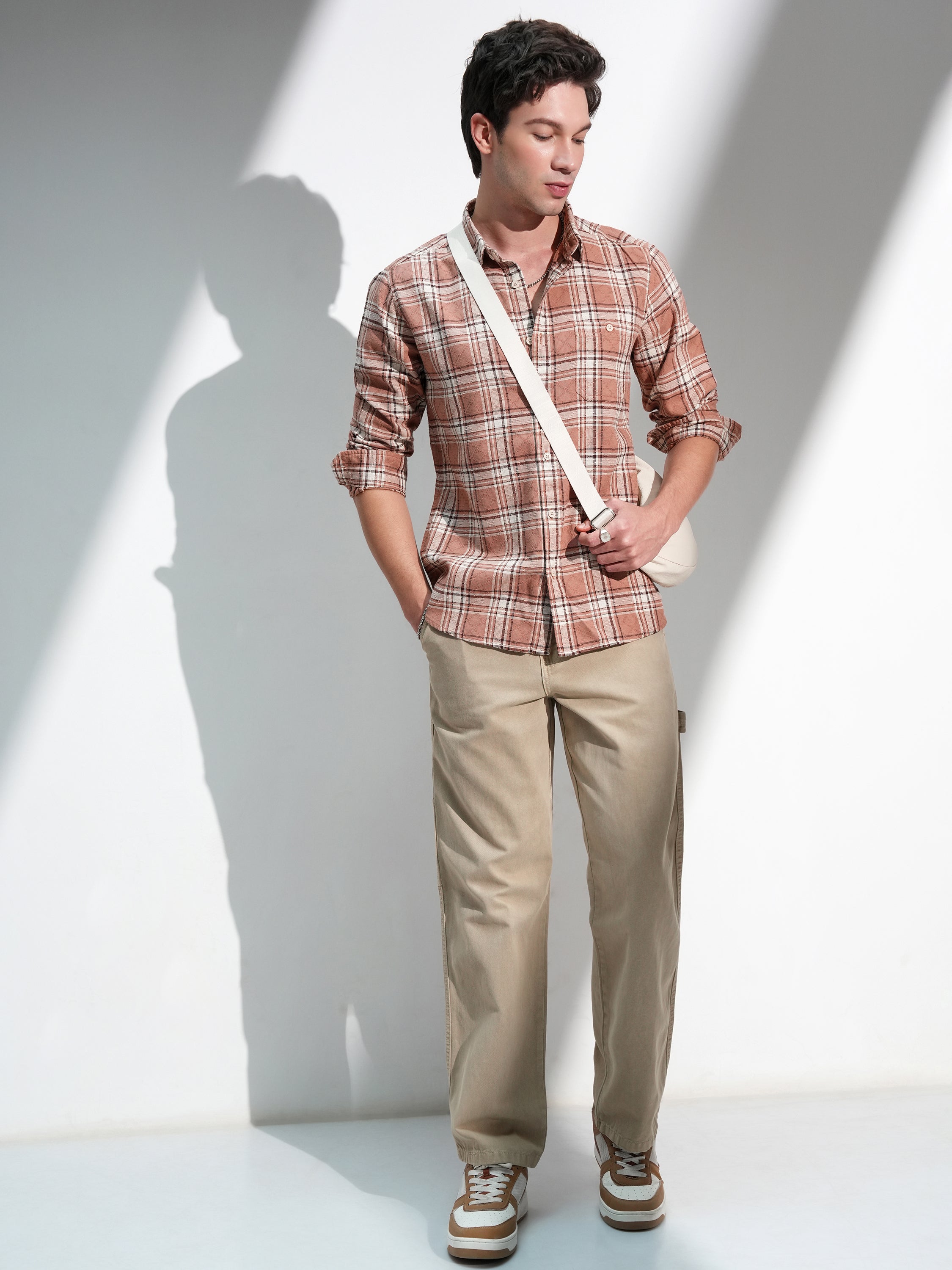 Highlander Men Beige Checked Slim Fit Casual Shirt - Beige - Image 2