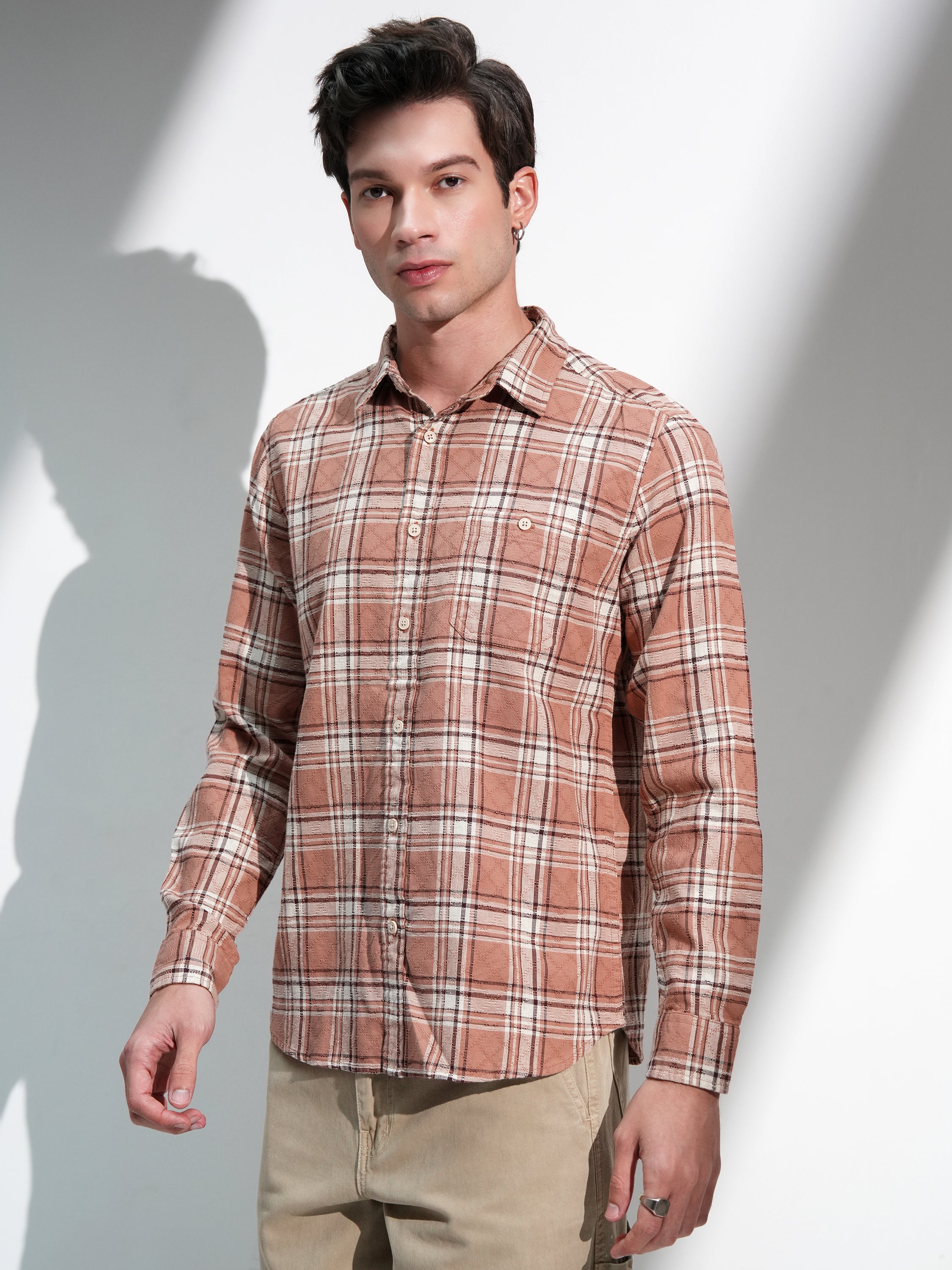 Highlander Men Beige Checked Slim Fit Casual Shirt - Beige - Image 4