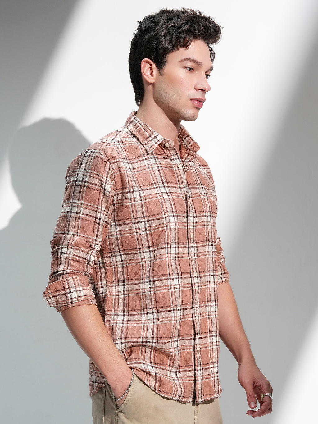 Highlander Men Beige Checked Slim Fit Casual Shirt - Beige - Image 6