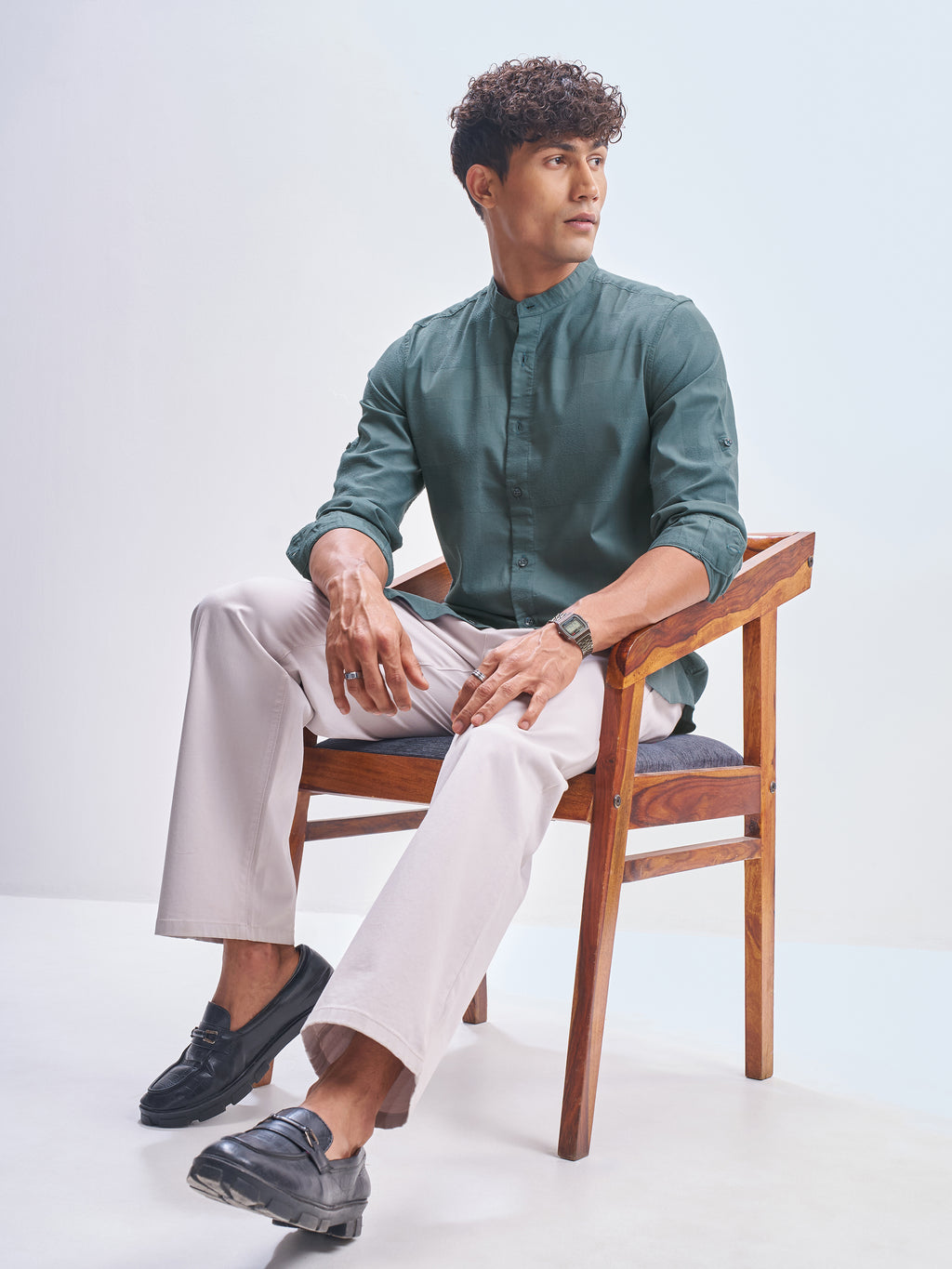 Highlander Men Teal Self Design Slim Fit Casual Shirt - Teal - Image 2