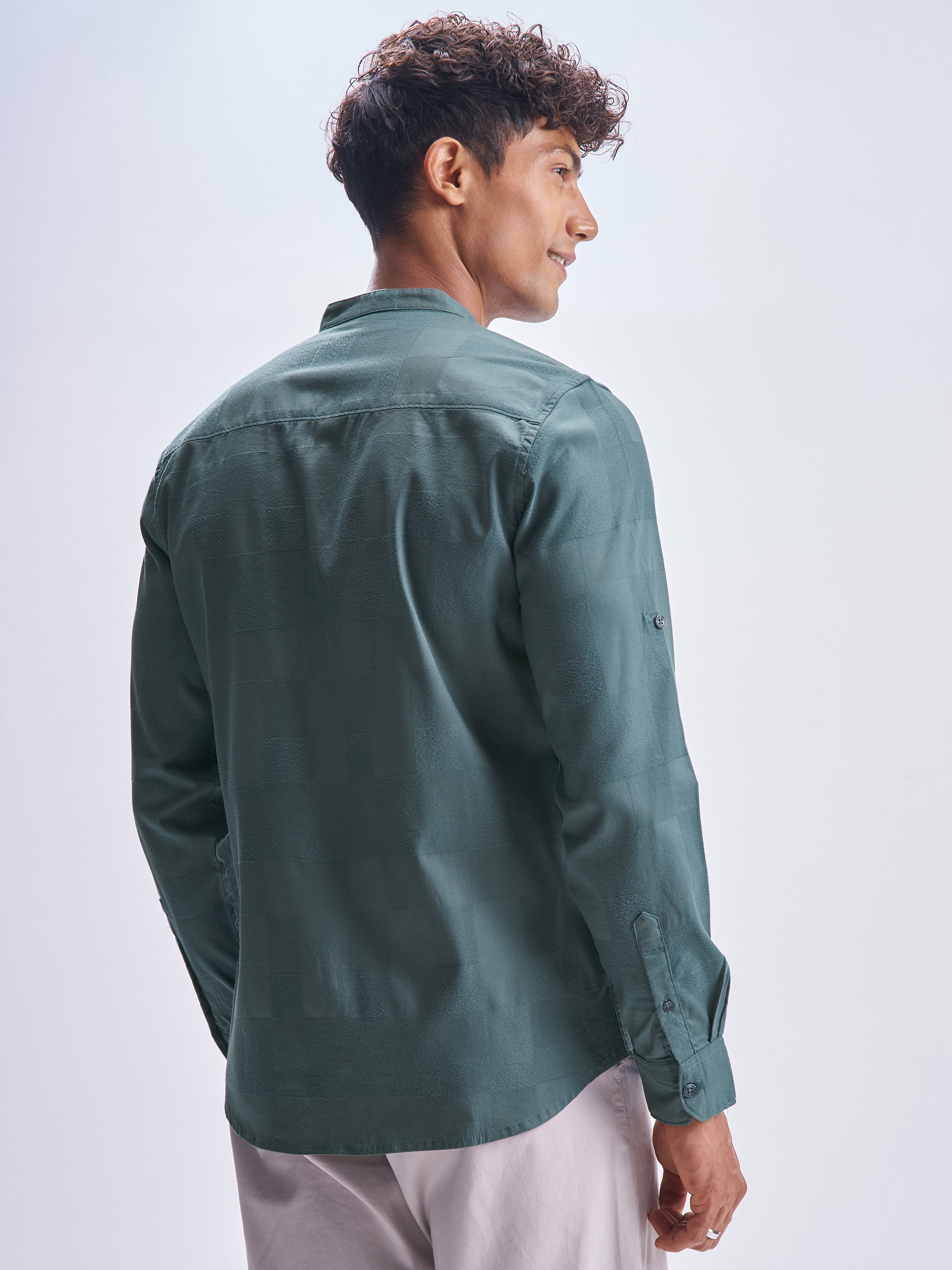 Highlander Men Teal Self Design Slim Fit Casual Shirt - Teal - Image 3
