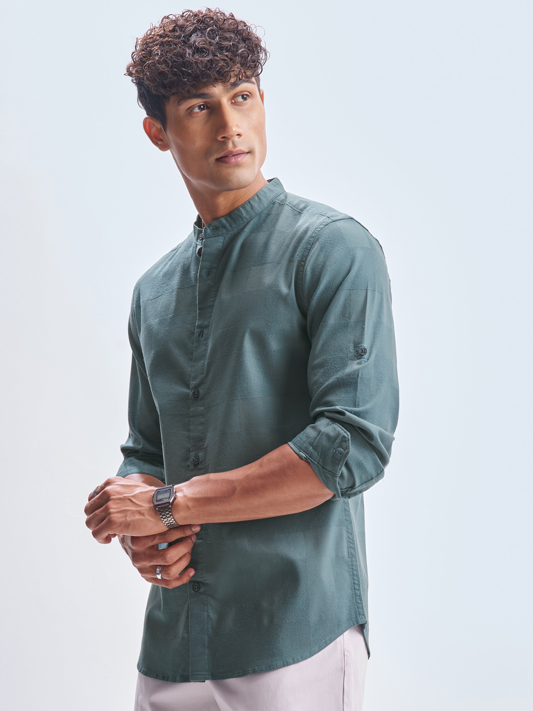 Highlander Men Teal Self Design Slim Fit Casual Shirt - Teal - Image 4