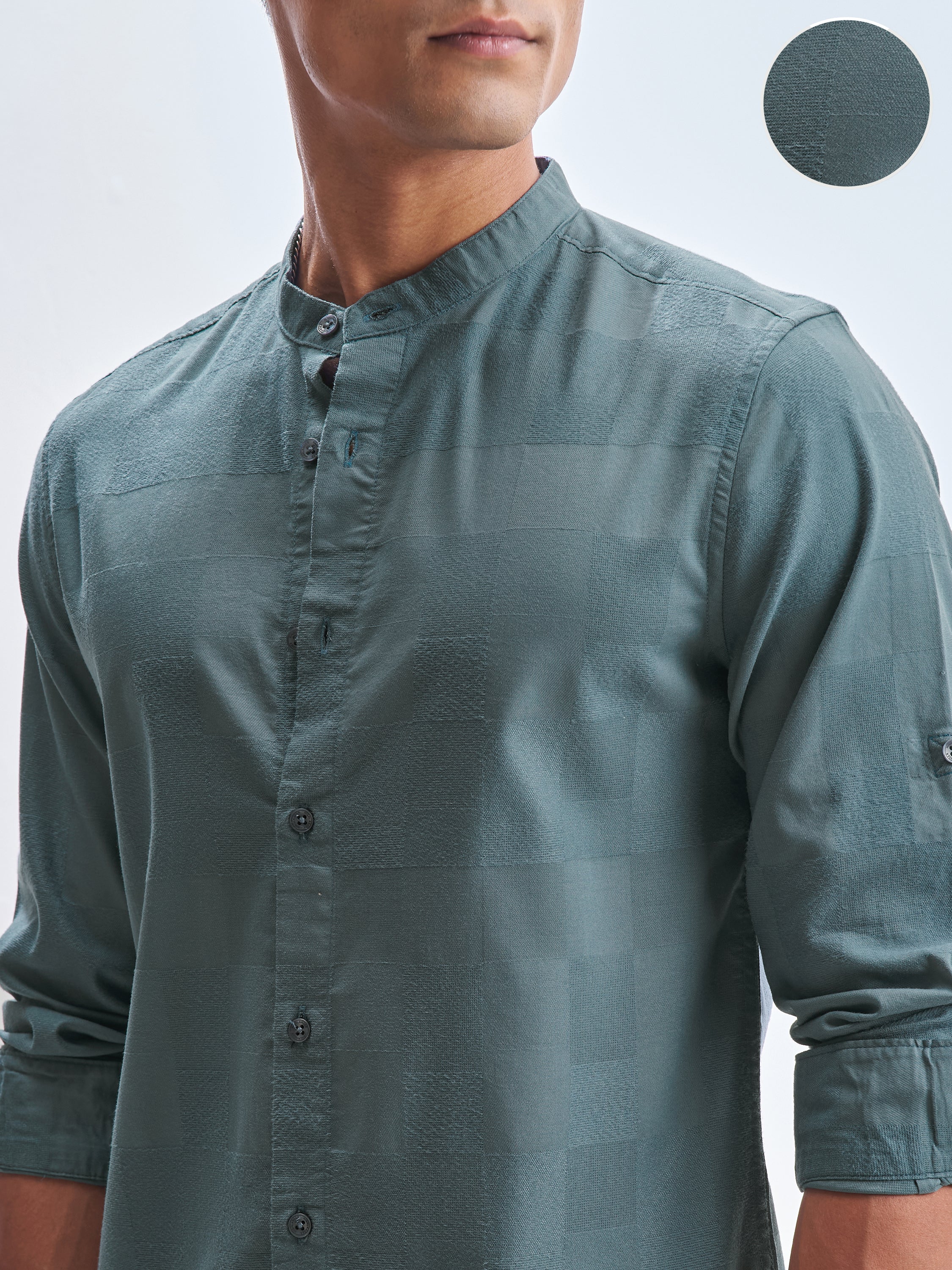 Highlander Men Teal Self Design Slim Fit Casual Shirt - Teal - Image 5