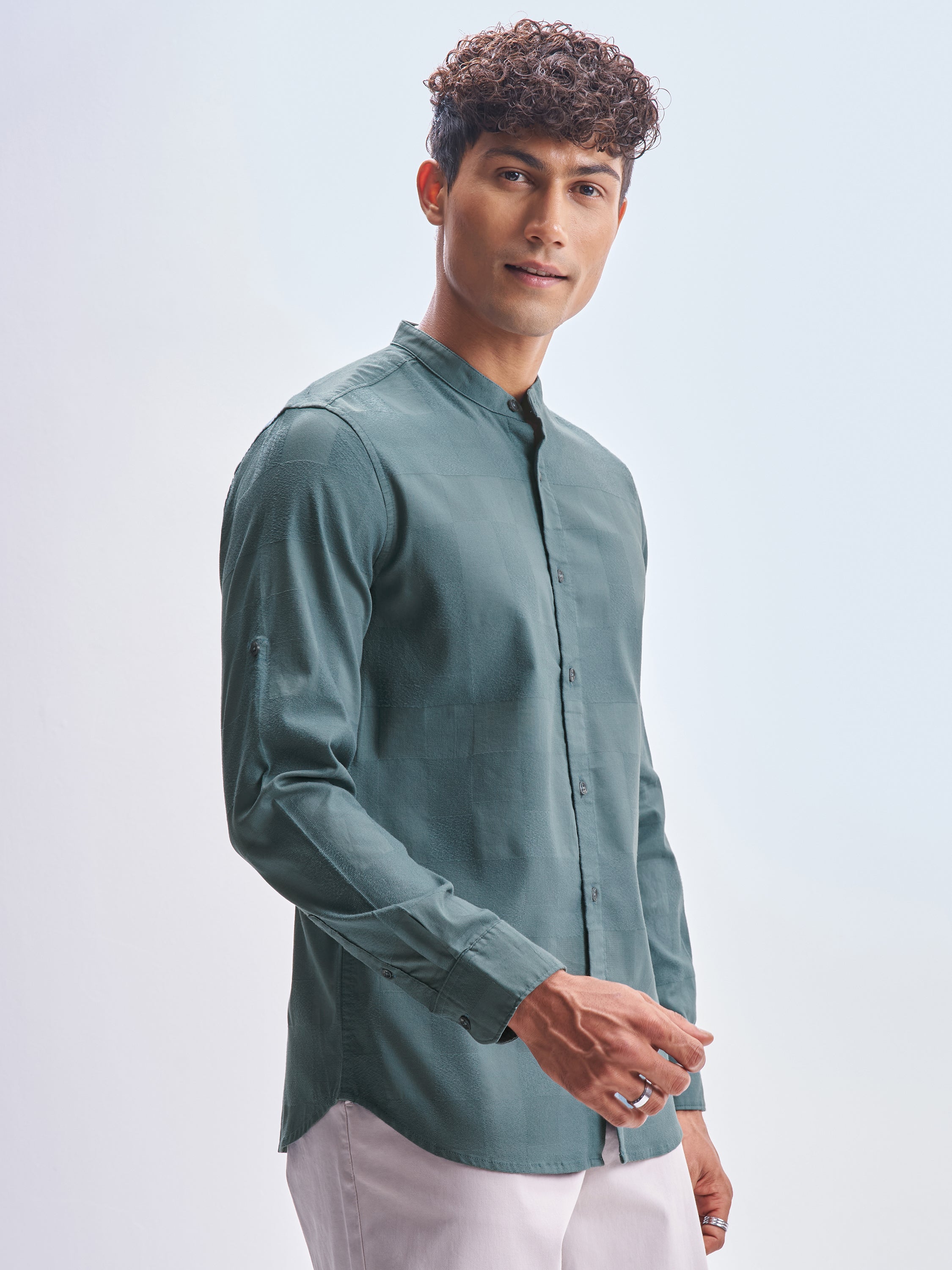 Highlander Men Teal Self Design Slim Fit Casual Shirt - Teal - Image 6
