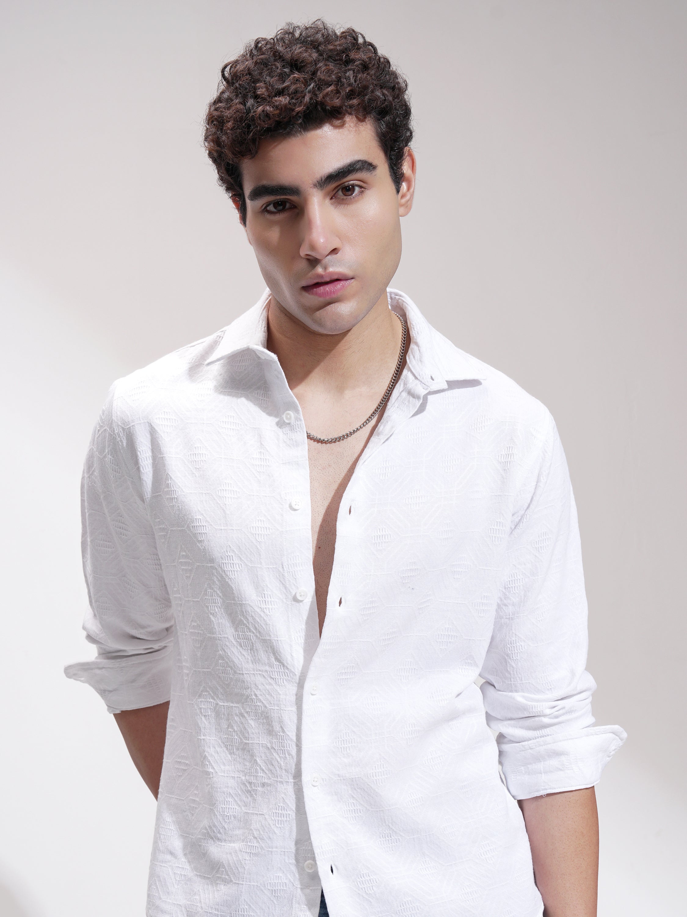 Highlander Men White Self Design Slim Fit Casual Shirt - White - Image 1
