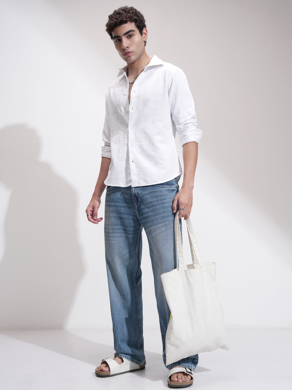 Highlander Men White Self Design Slim Fit Casual Shirt - White - Image 2