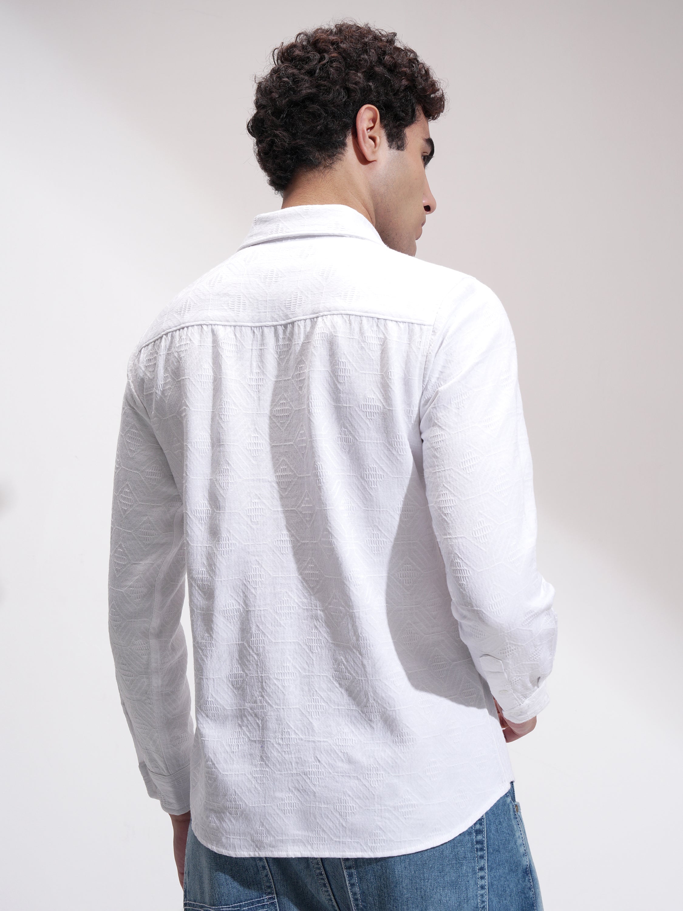 Highlander Men White Self Design Slim Fit Casual Shirt - White - Image 3