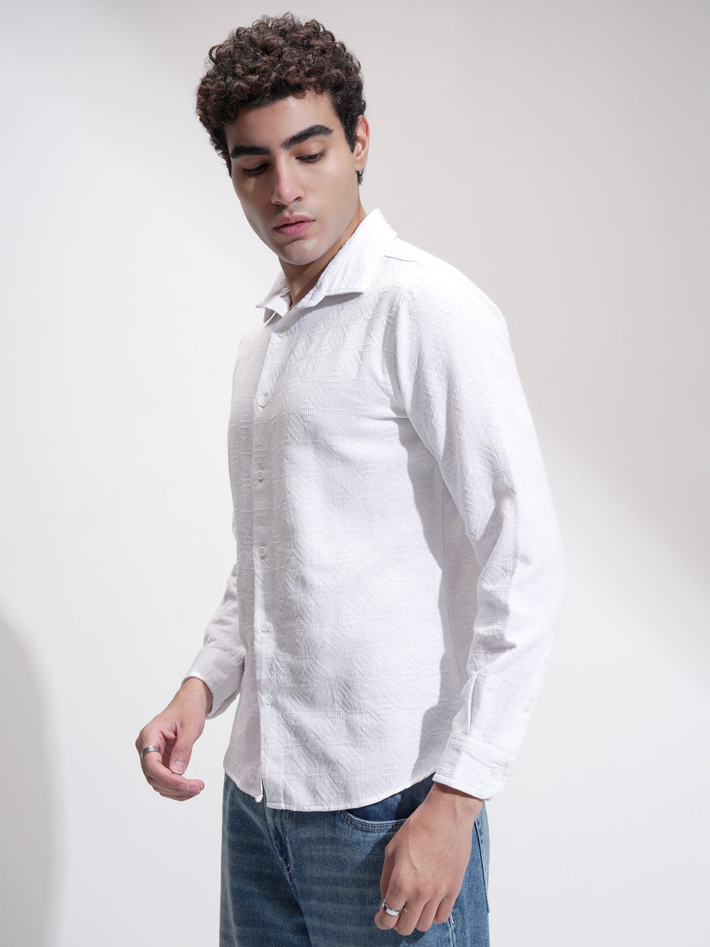 Highlander Men White Self Design Slim Fit Casual Shirt - White - Image 4