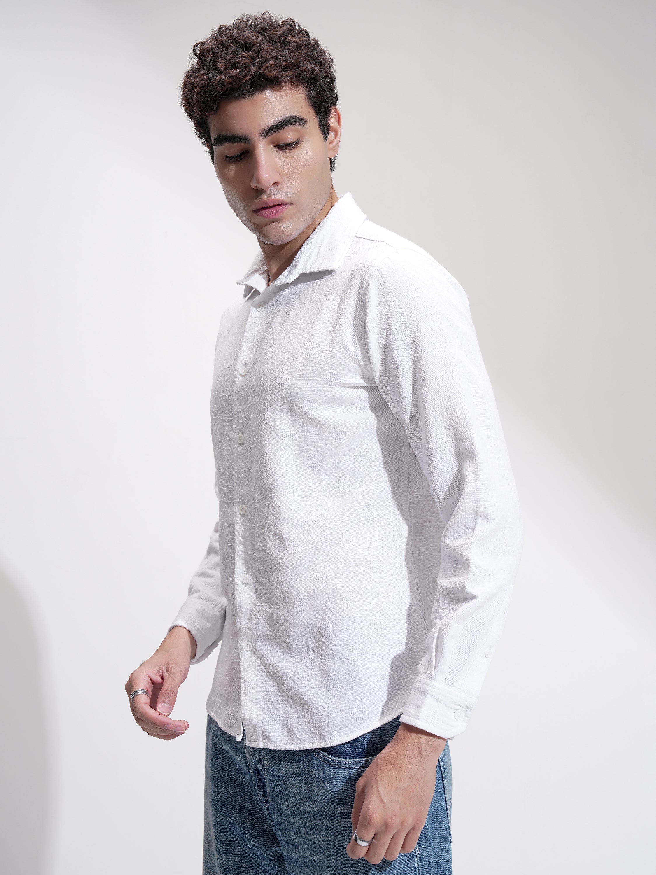 Highlander Men White Self Design Slim Fit Casual Shirt - White - Image 4