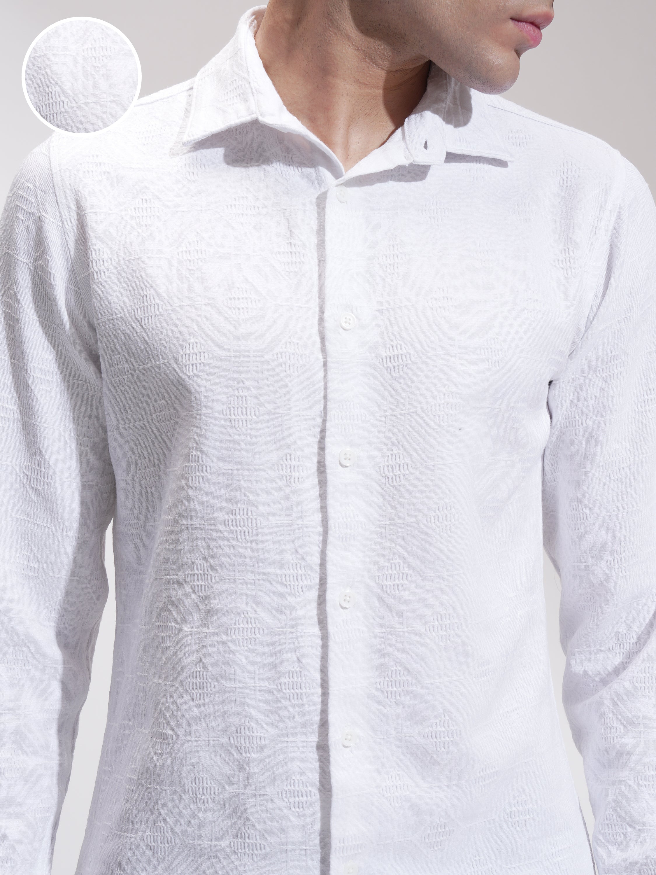 Highlander Men White Self Design Slim Fit Casual Shirt - White - Image 5