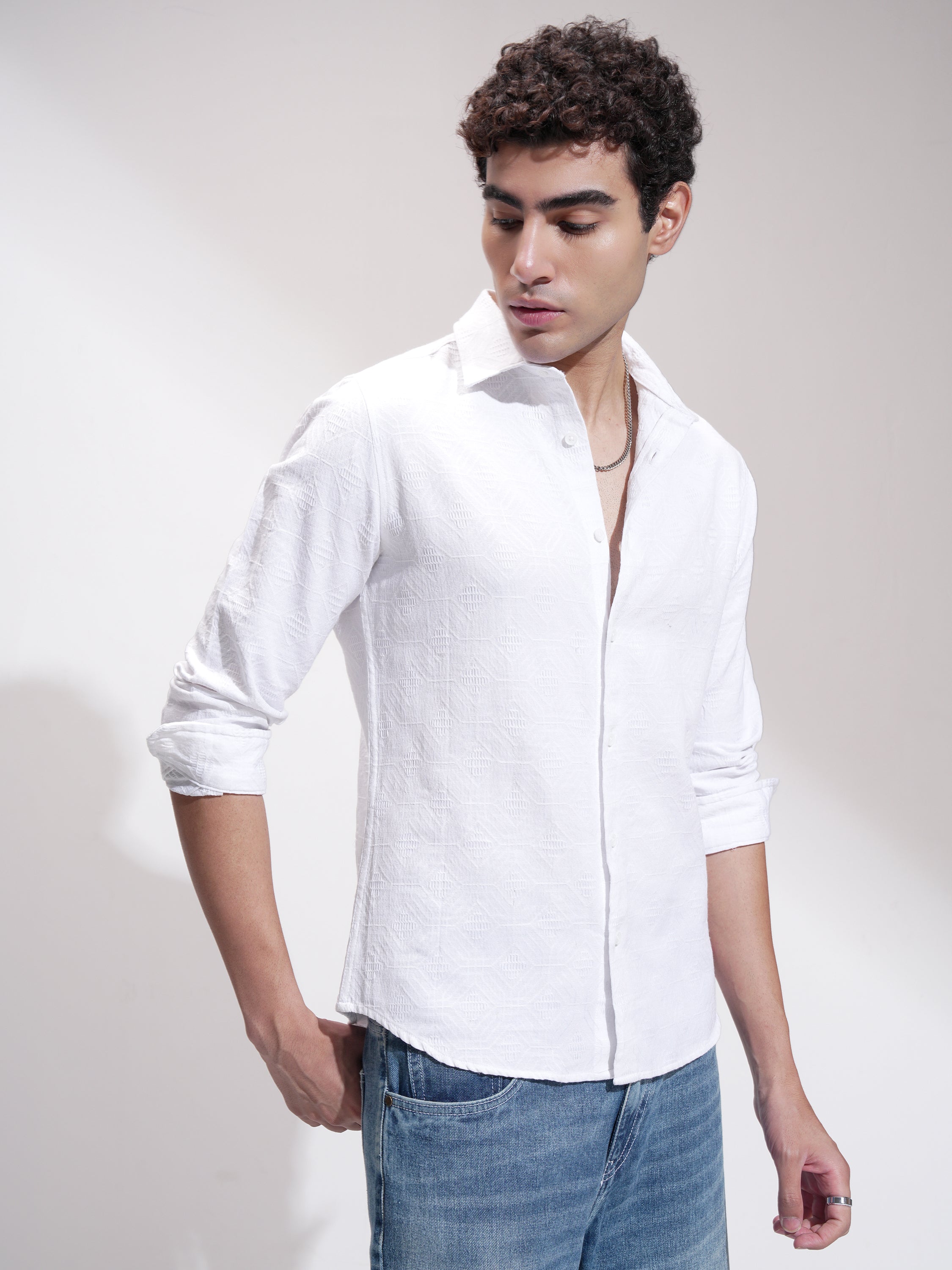 Highlander Men White Self Design Slim Fit Casual Shirt - White - Image 6