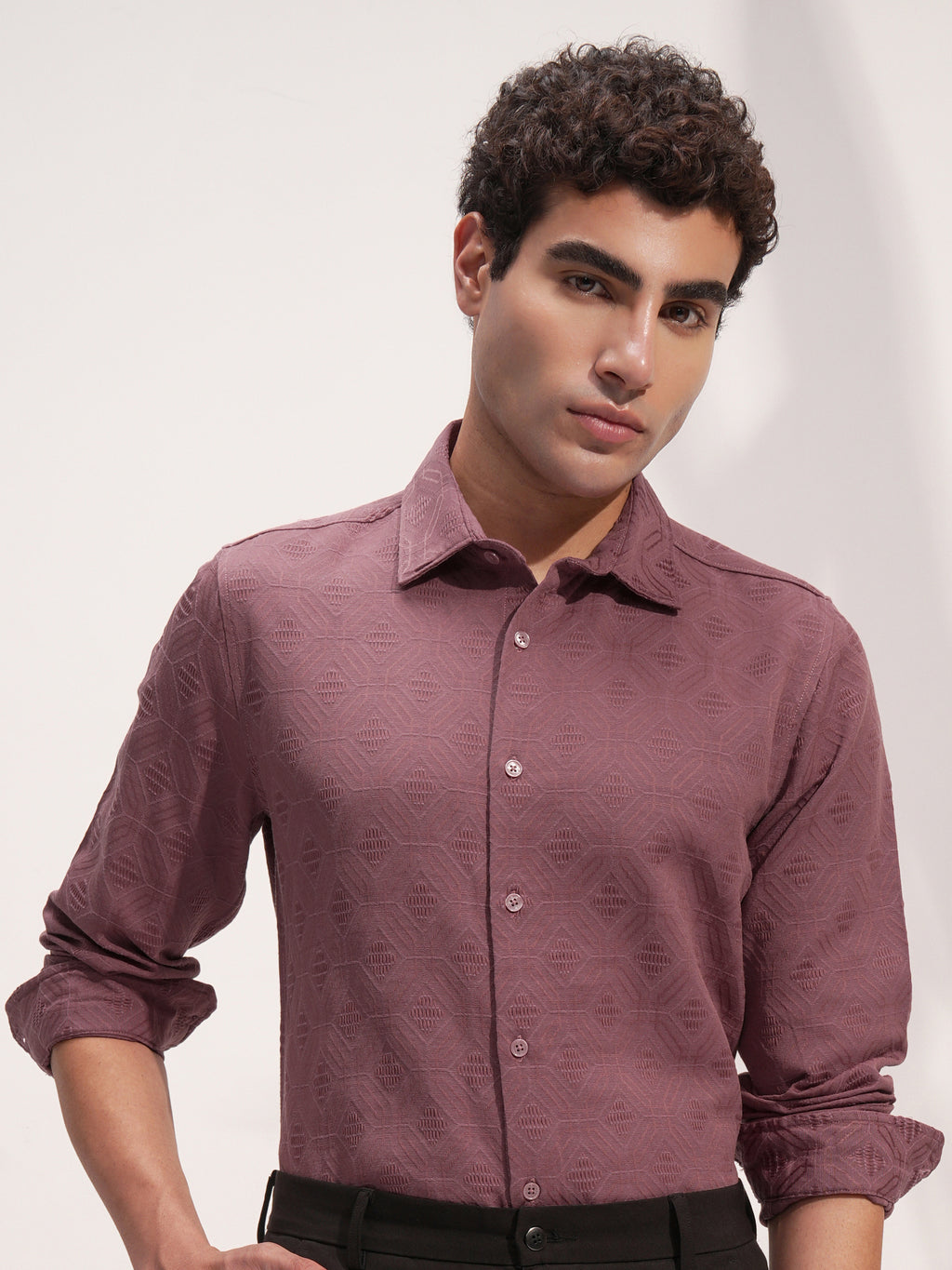 Highlander Men Rose Self Design Slim Fit Casual Shirt - Rose - Image 1