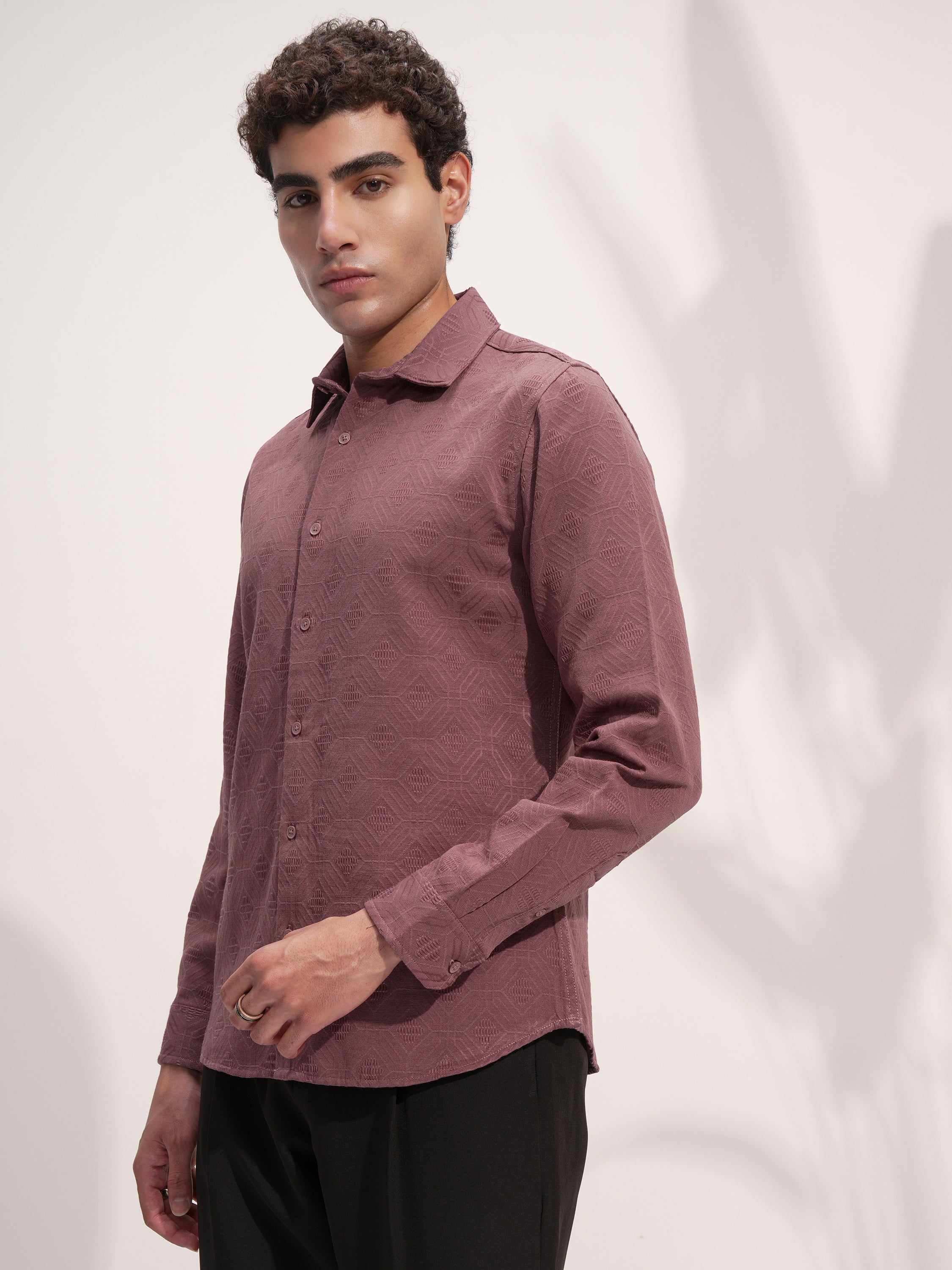 Highlander Men Rose Self Design Slim Fit Casual Shirt - Rose - Image 4
