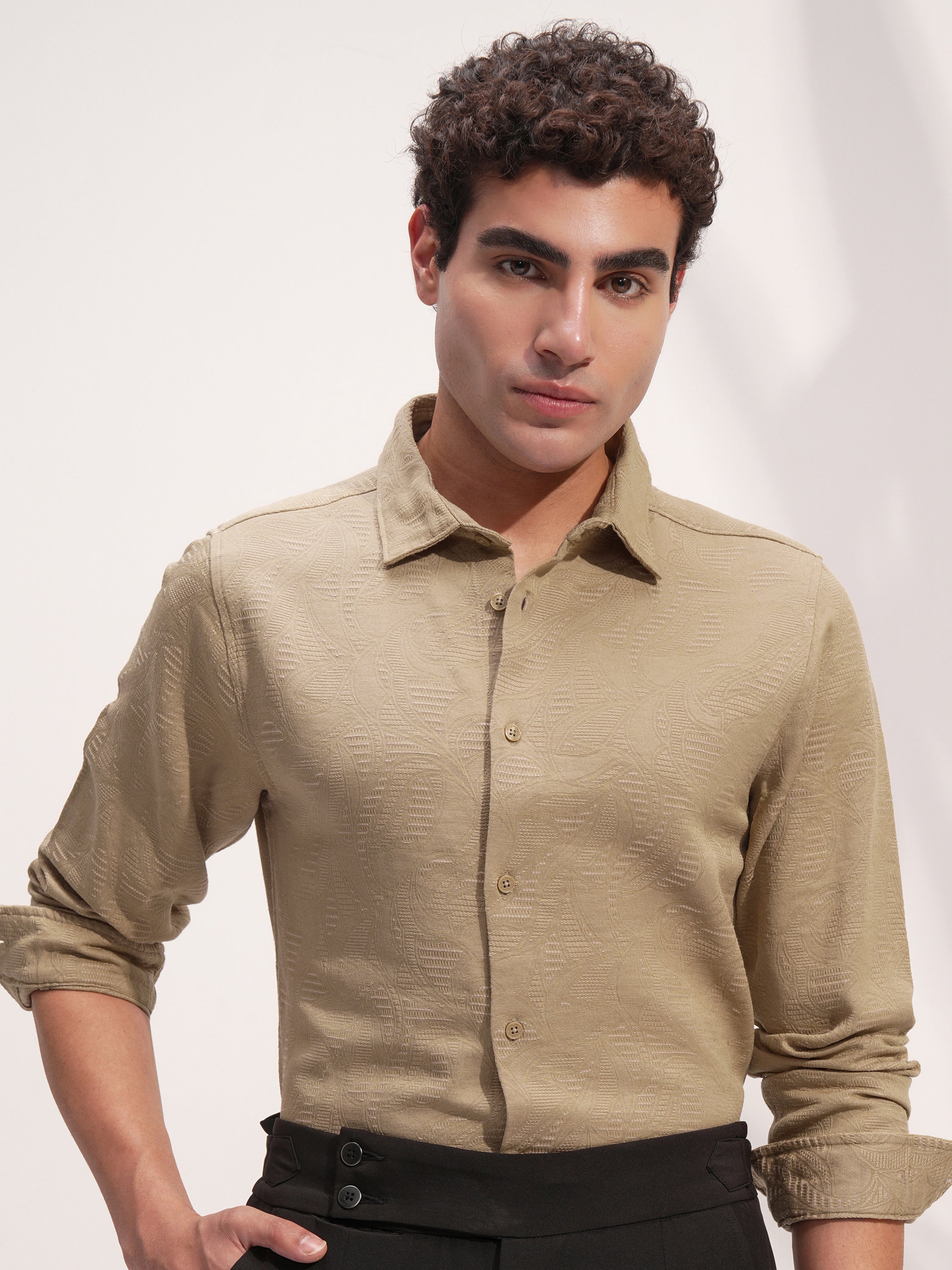 Highlander Men Beige Self Design Slim Fit Casual Shirt - Beige - Image 1