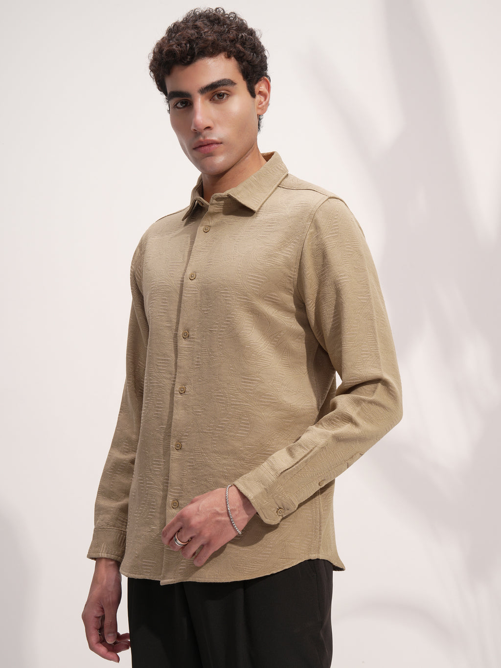 Highlander Men Beige Self Design Slim Fit Casual Shirt - Beige - Image 4