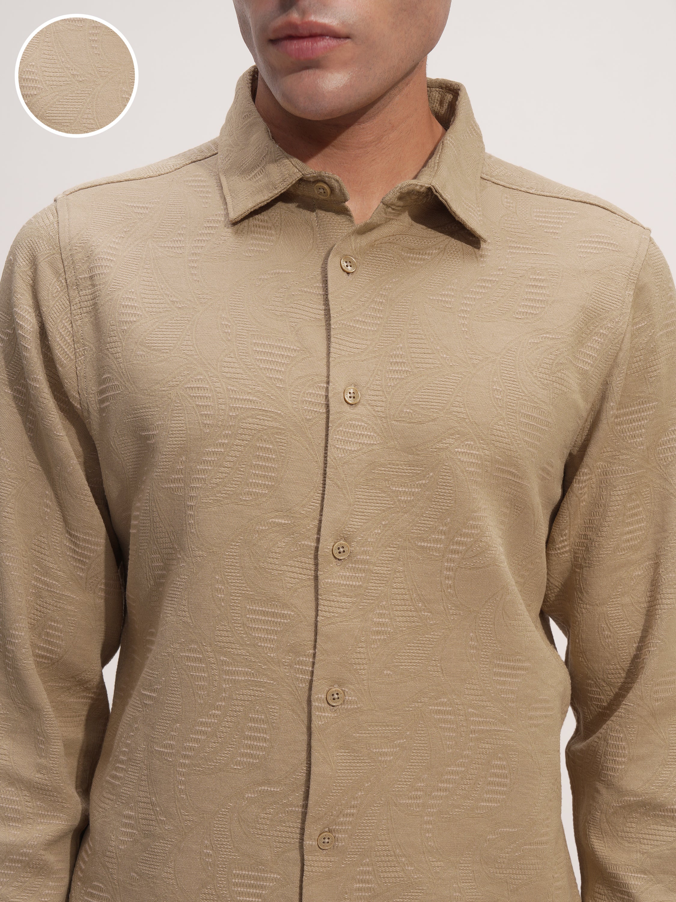Highlander Men Beige Self Design Slim Fit Casual Shirt - Beige - Image 5