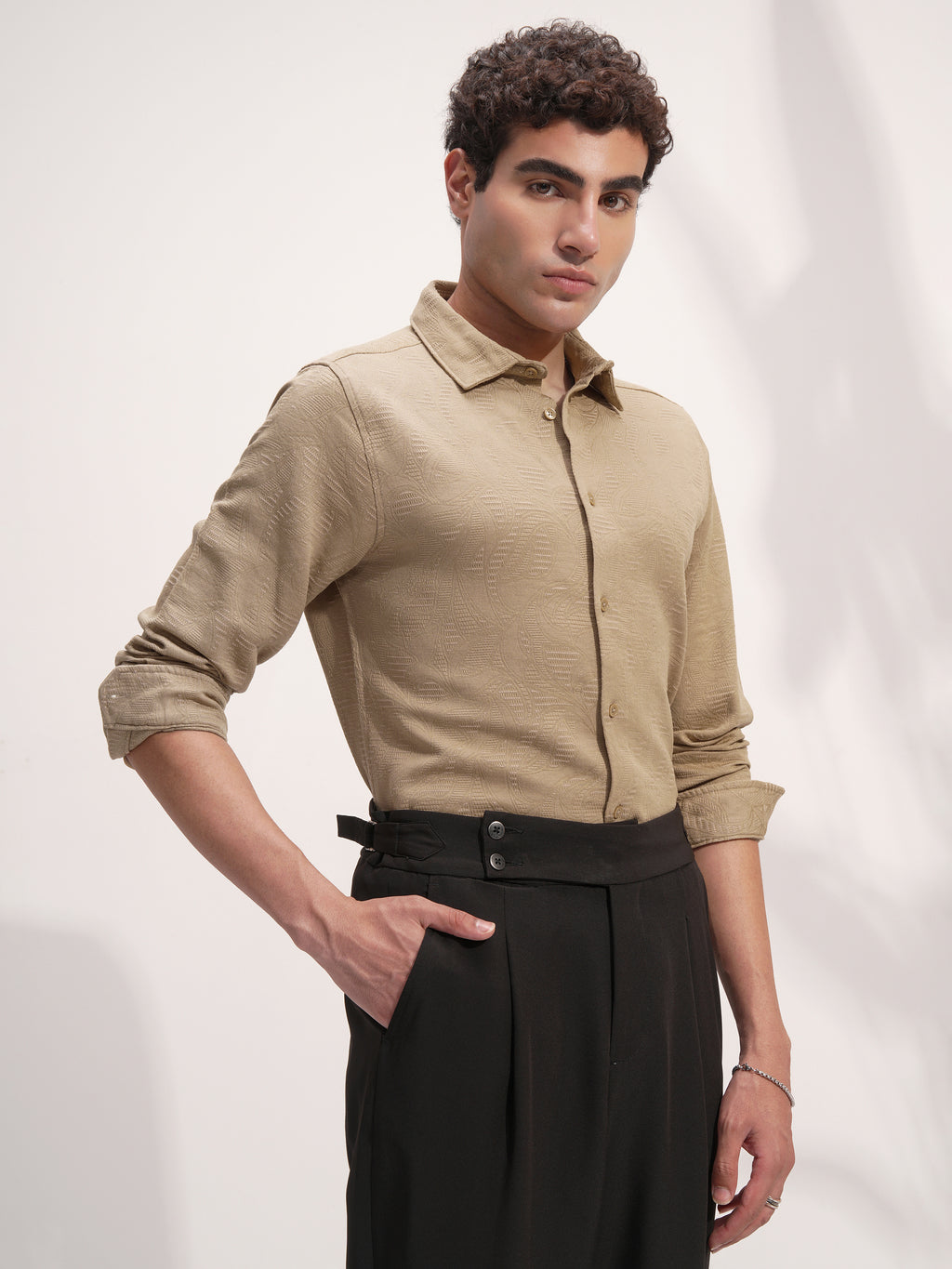 Highlander Men Beige Self Design Slim Fit Casual Shirt - Beige - Image 6