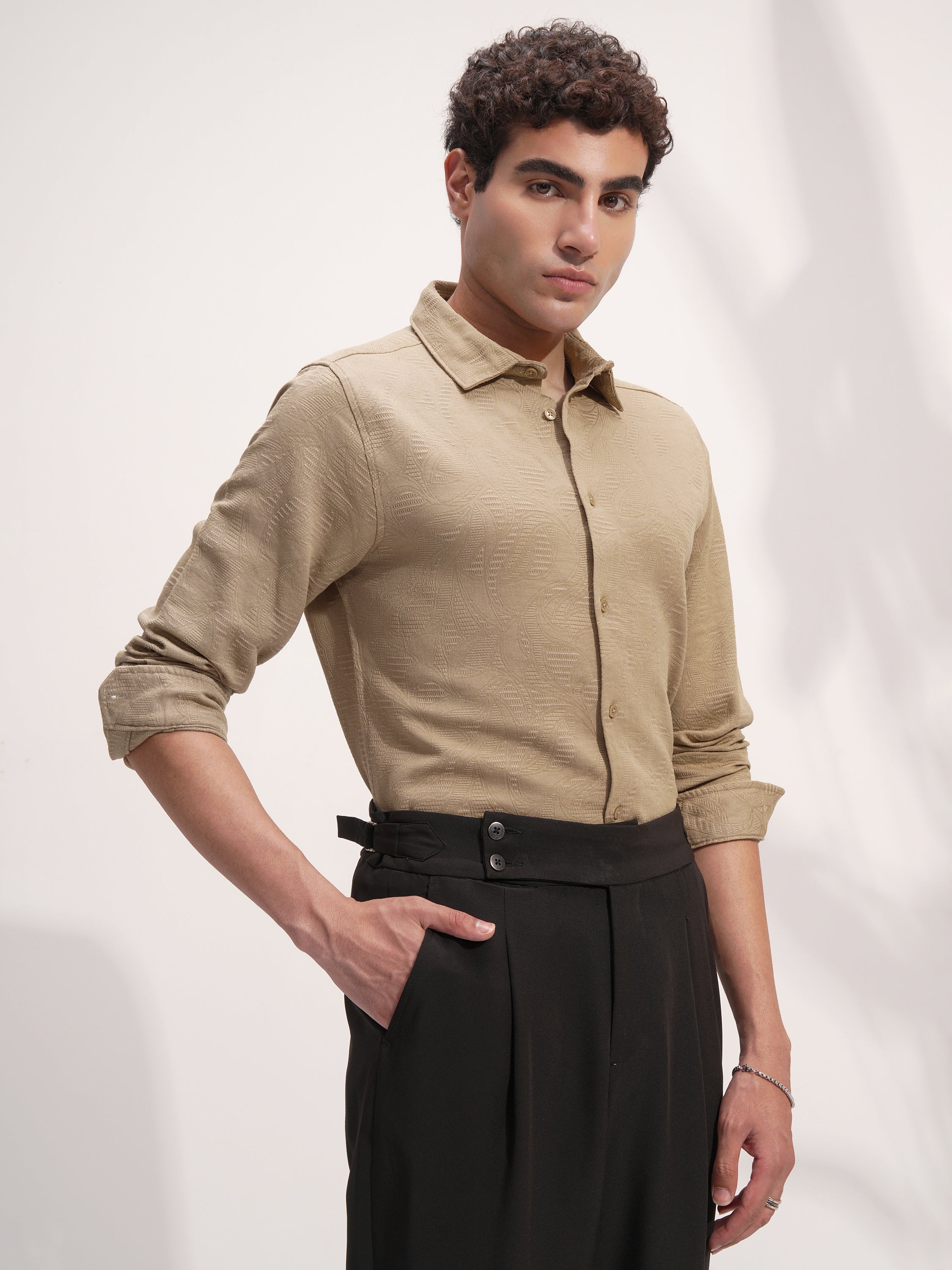 Highlander Men Beige Self Design Slim Fit Casual Shirt - Beige - Image 6