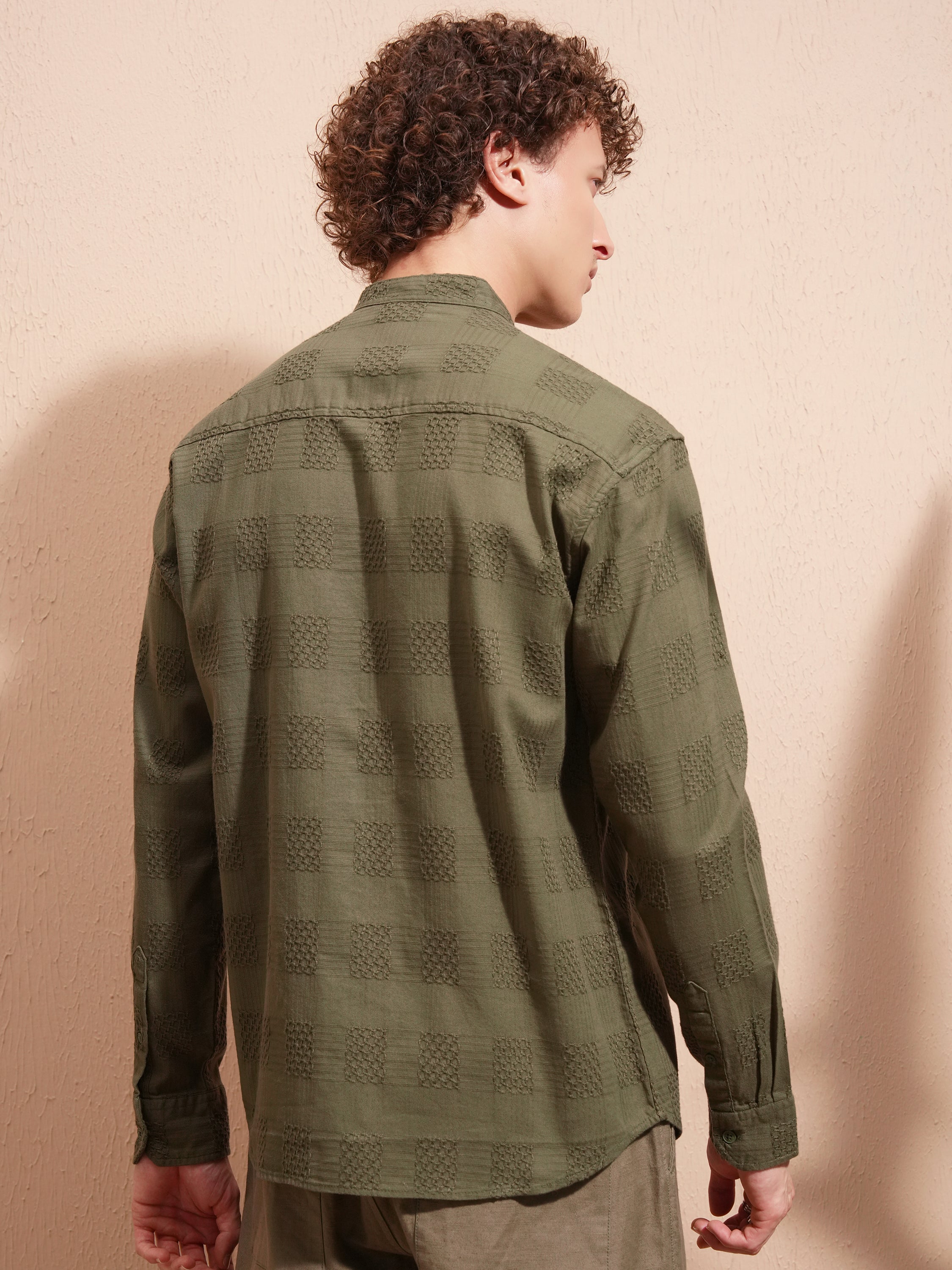 Highlander Men Olive Self Design Relaxed Fit Casual Shirt - Olive - Image 3