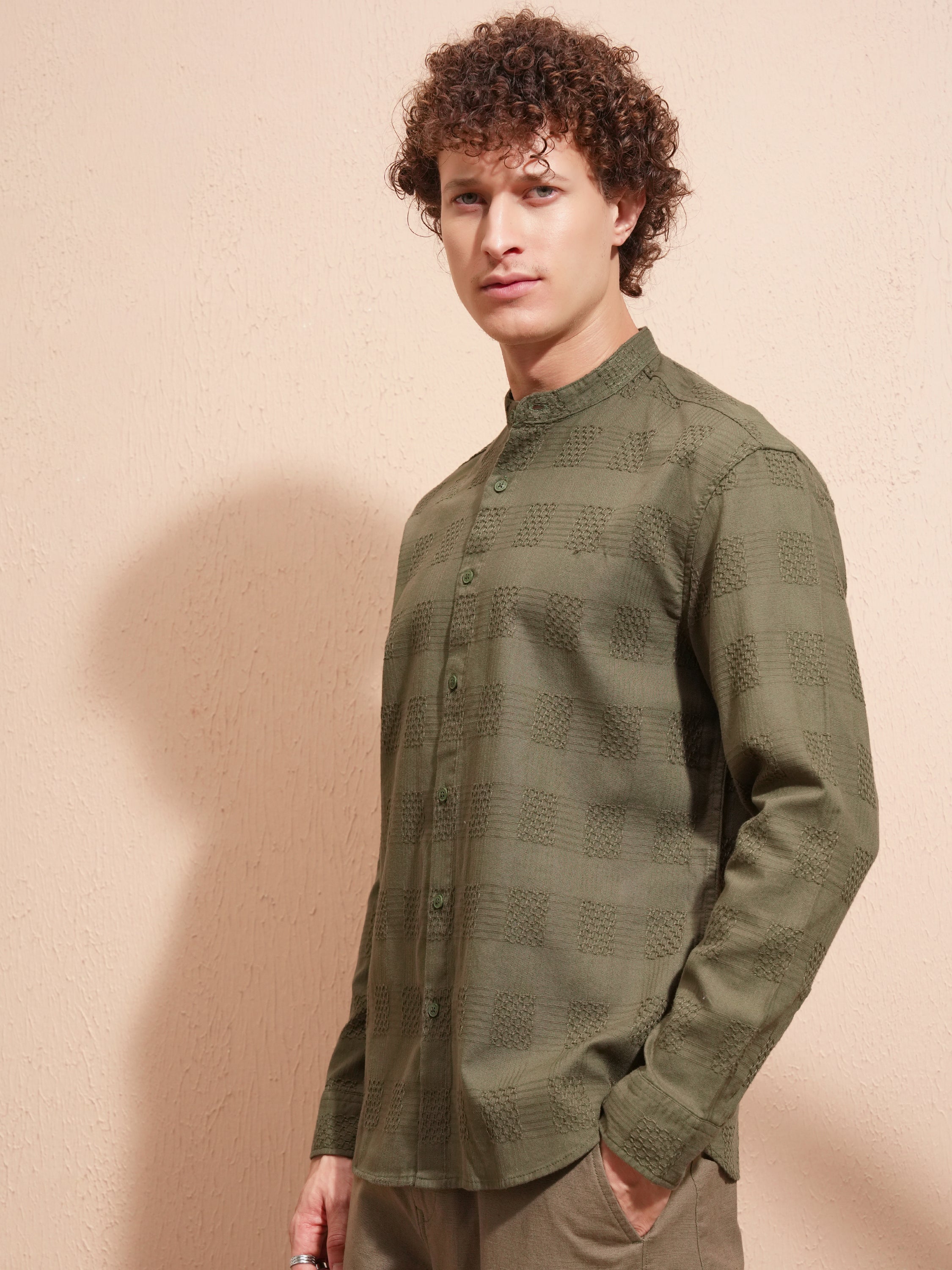 Highlander Men Olive Self Design Relaxed Fit Casual Shirt - Olive - Image 4