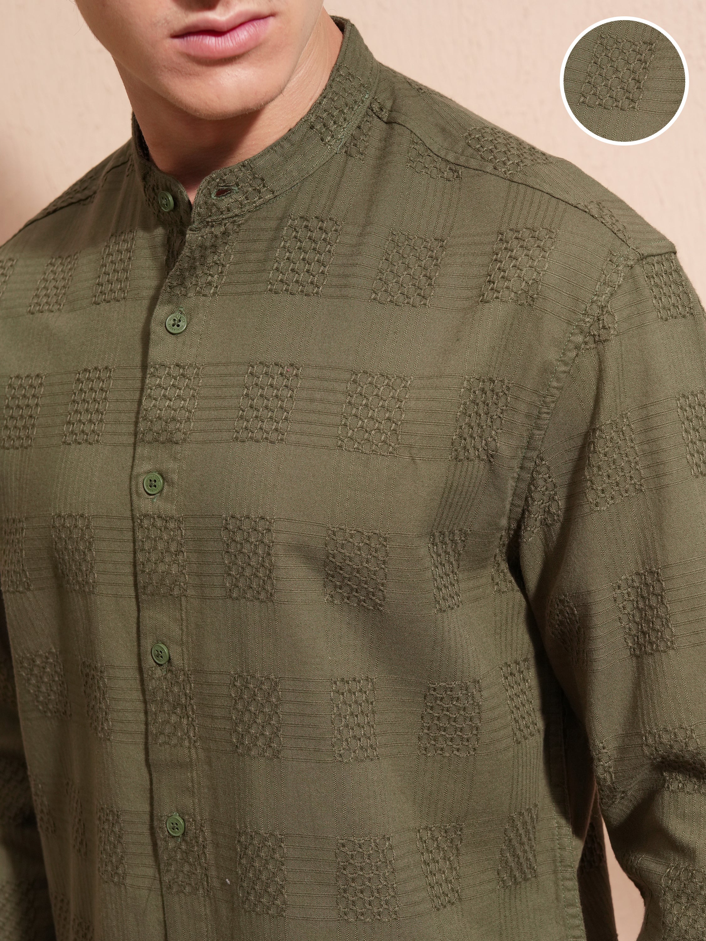Highlander Men Olive Self Design Relaxed Fit Casual Shirt - Olive - Image 5