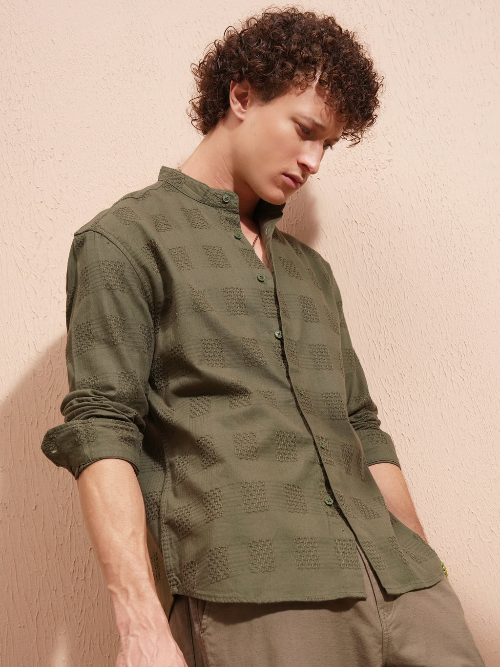 Highlander Men Olive Self Design Relaxed Fit Casual Shirt - Olive - Image 6