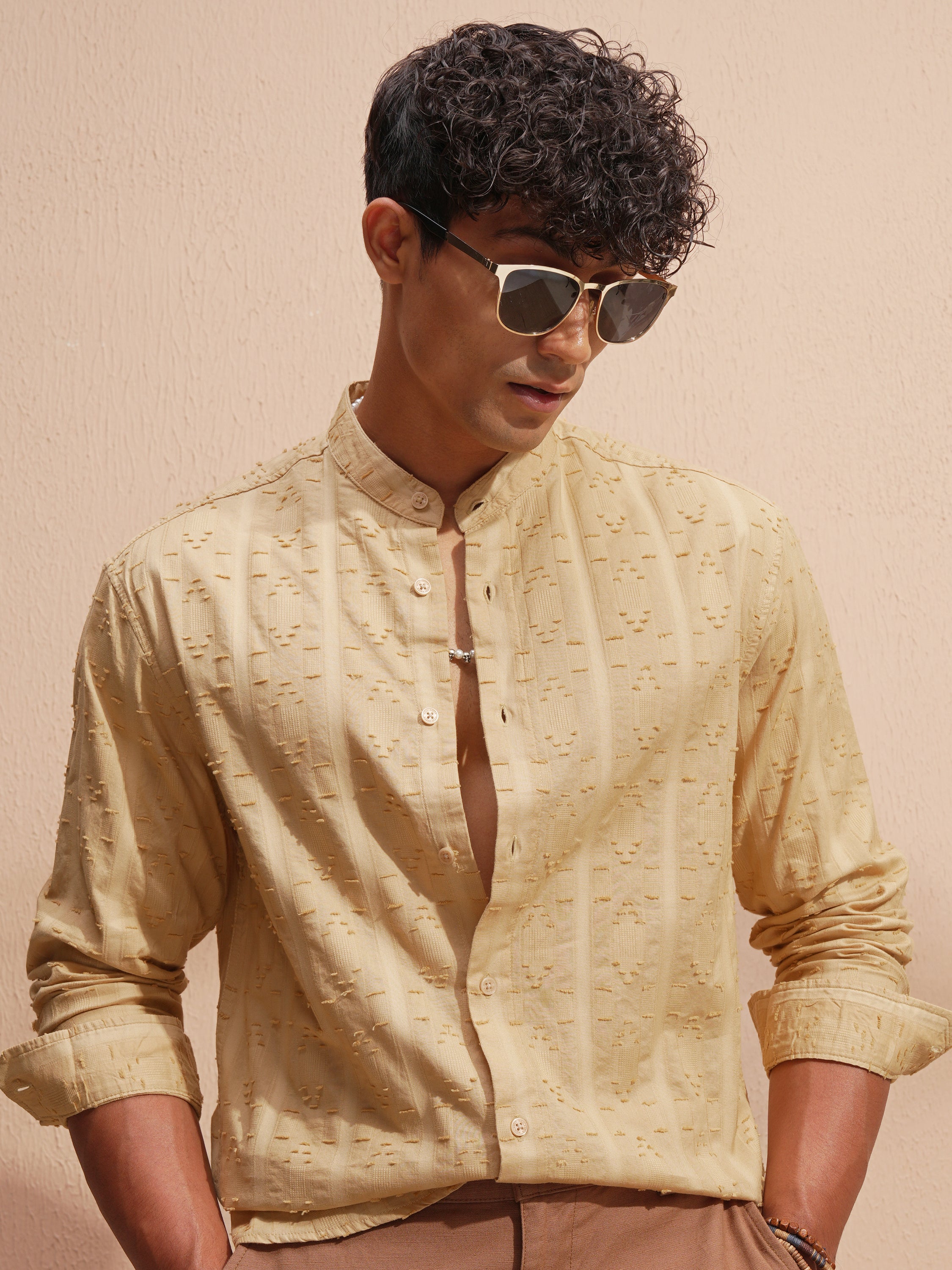 Highlander Men Gold Self Design Relaxed Fit Casual Shirt - Gold - Image 1