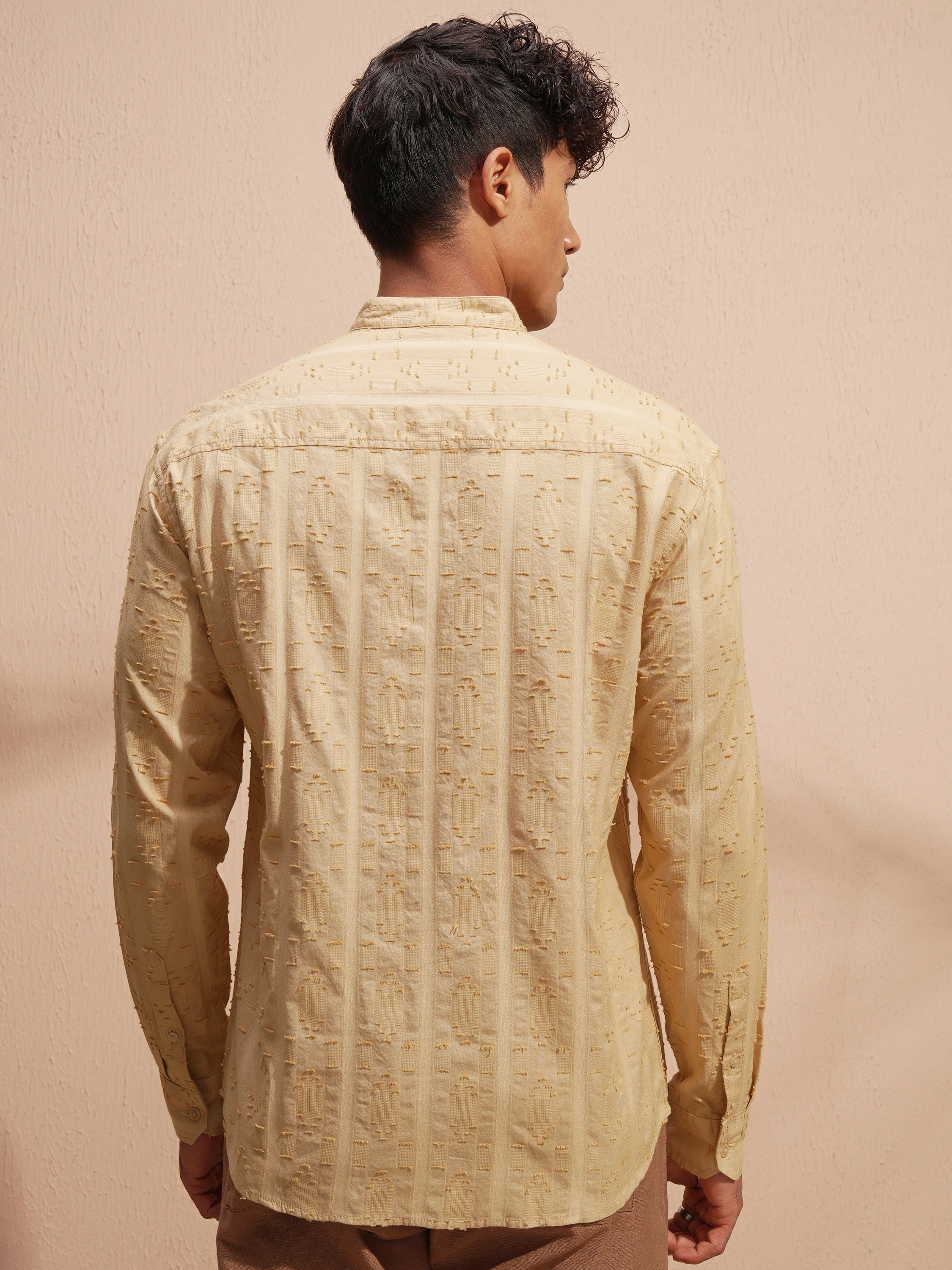 Highlander Men Gold Self Design Relaxed Fit Casual Shirt - Gold - Image 3