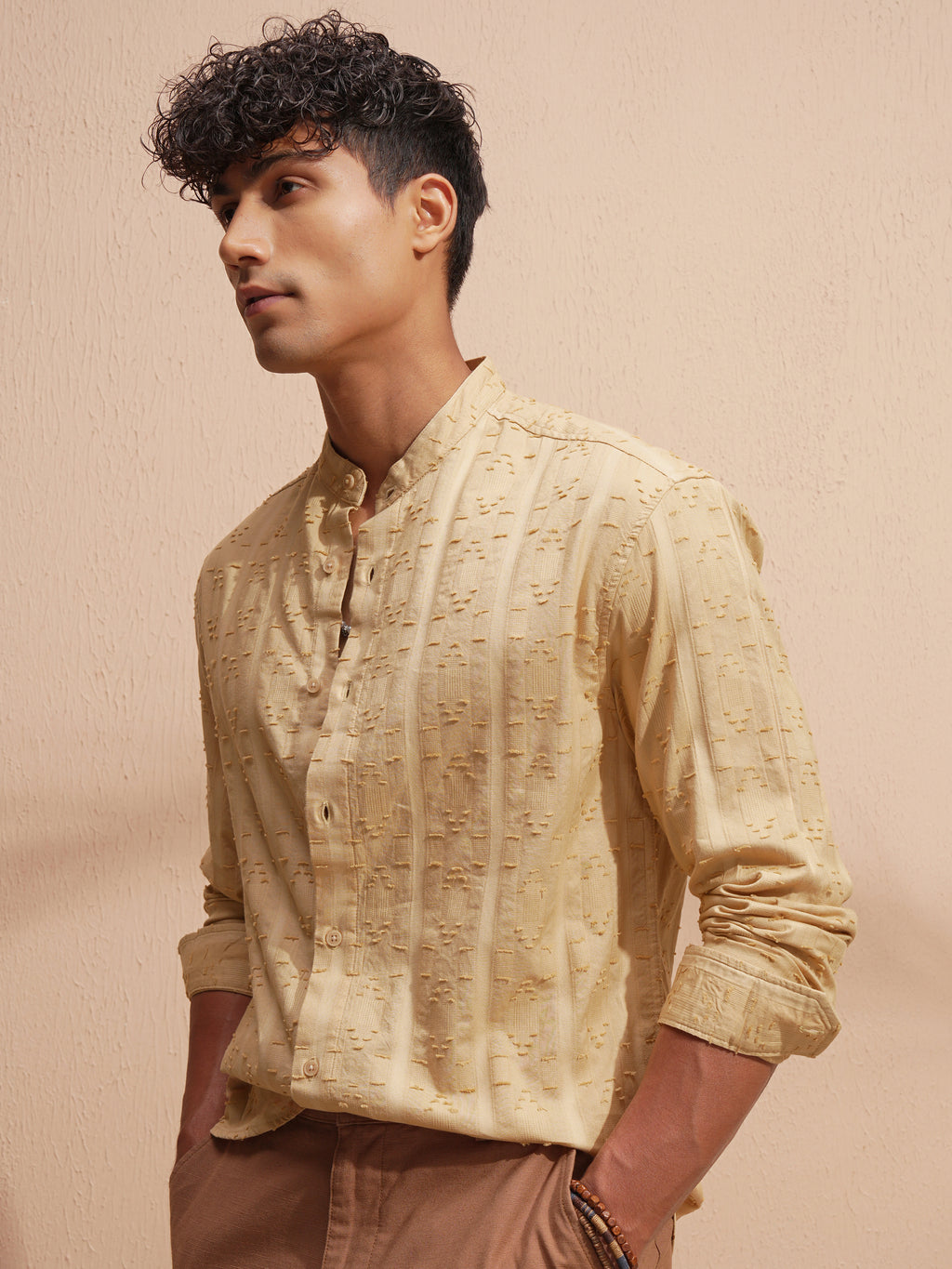 Highlander Men Gold Self Design Relaxed Fit Casual Shirt - Gold - Image 4